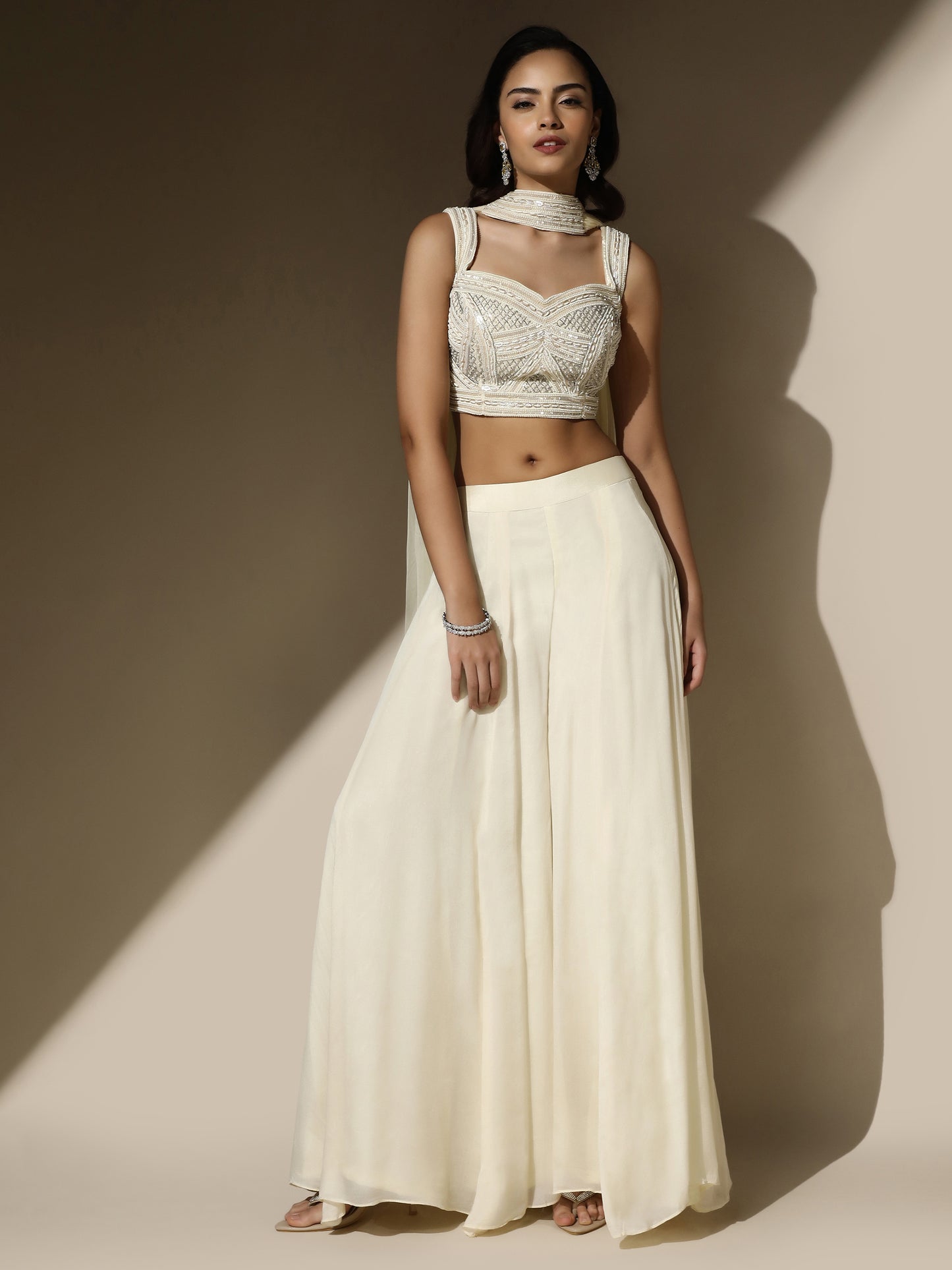 Ivory Pearl Work Cord-Set with Flared Pant and Choker Dupatta