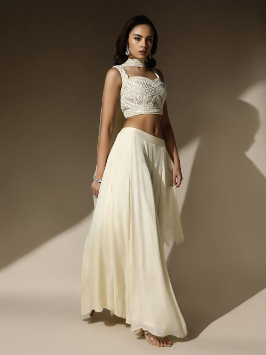 Ivory Pearl Work Cord-Set with Flared Pant and Choker Dupatta