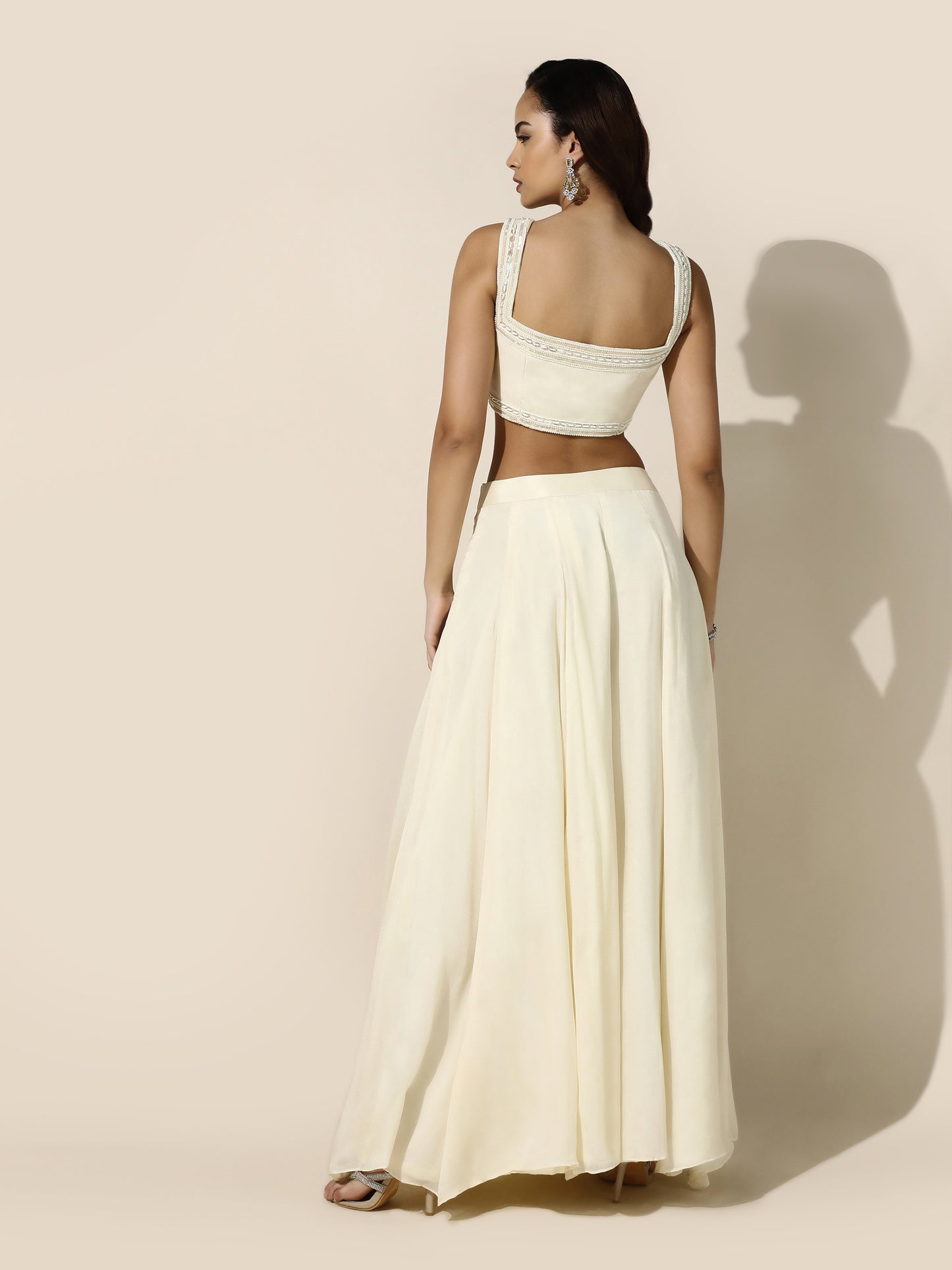 Ivory Pearl Work Cord-Set with Flared Pant and Choker Dupatta