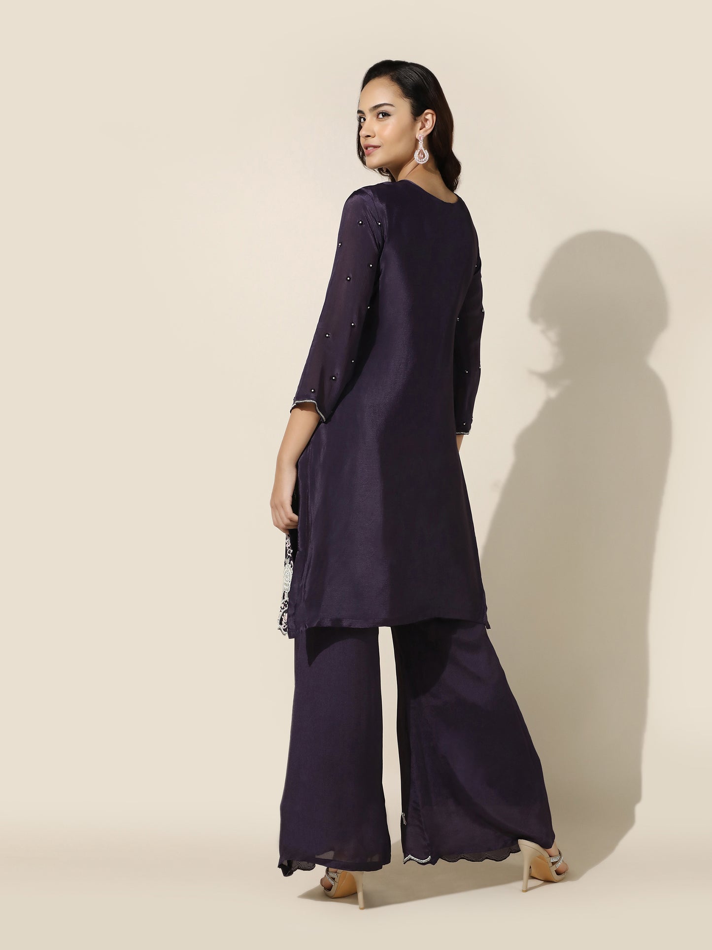 Purple Floral Motif Embroidered Suit Set With A Line Pant and Dupatta