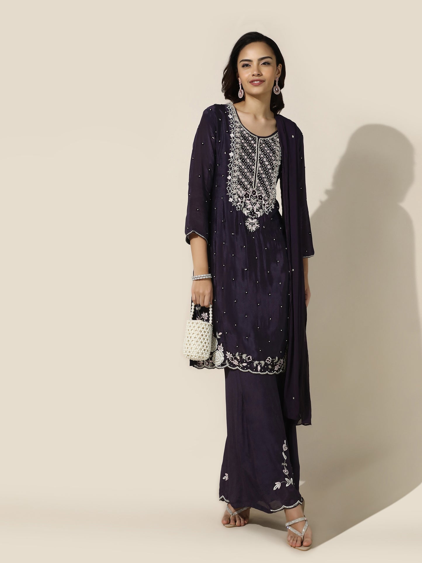 Purple Floral Motif Embroidered Suit Set With A Line Pant and Dupatta