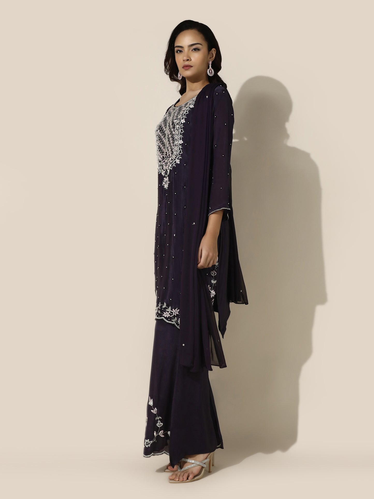 Purple Floral Motif Embroidered Suit Set With A Line Pant and Dupatta