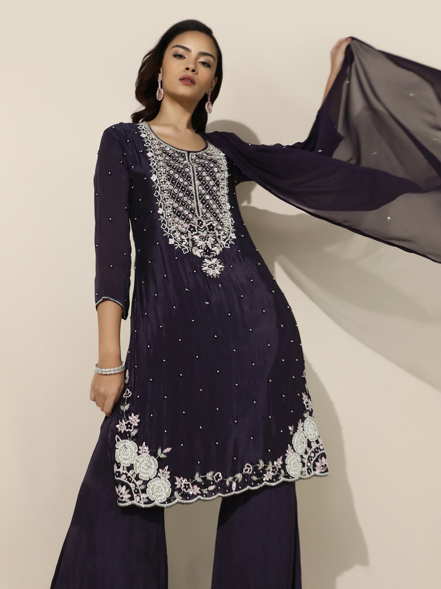 Purple Floral Motif Embroidered Suit Set With A Line Pant and Dupatta
