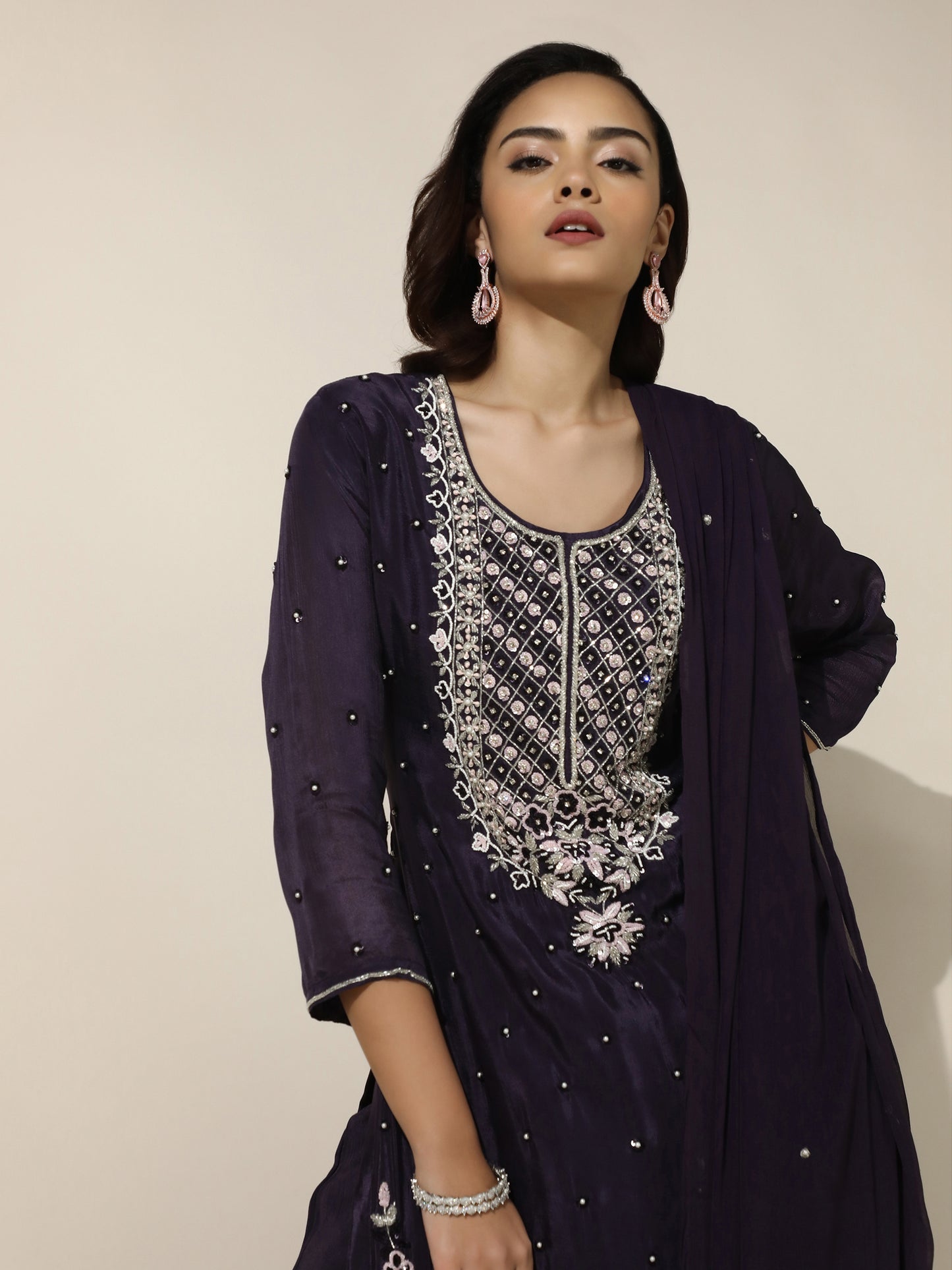 Purple Floral Motif Embroidered Suit Set With A Line Pant and Dupatta