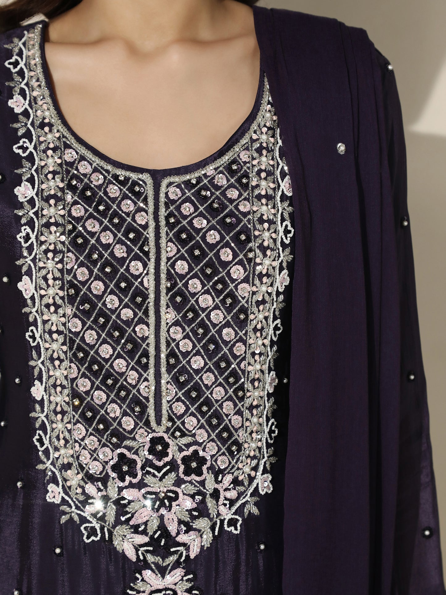 Purple Floral Motif Embroidered Suit Set With A Line Pant and Dupatta