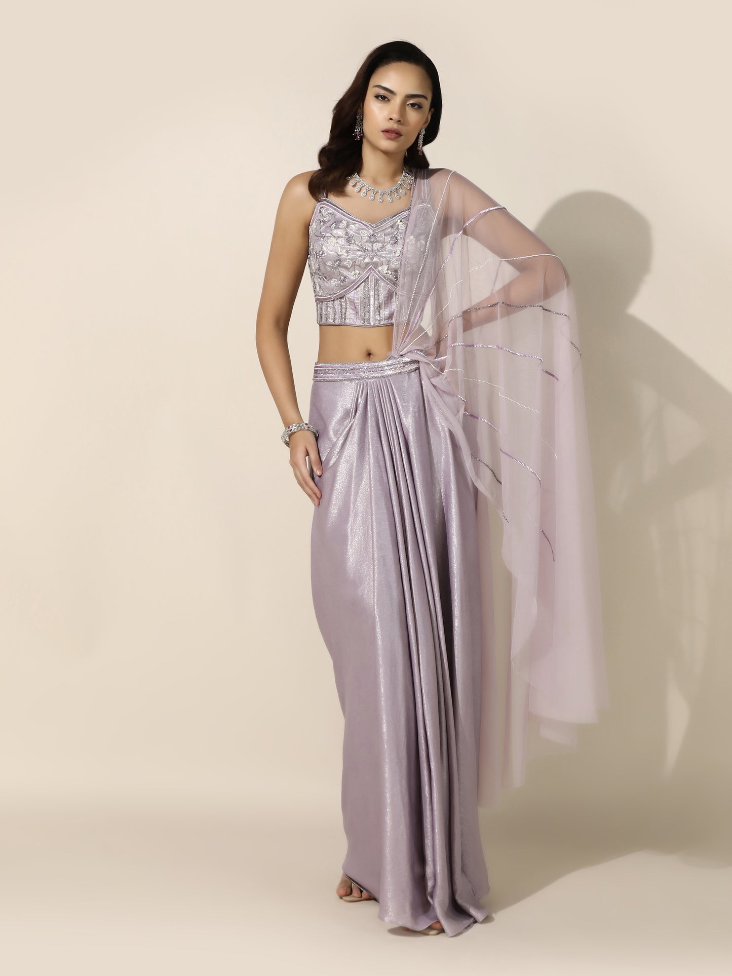 Lilac Shimmer Drape Saree with Corset Blouse and Sheer Shoulder Drape