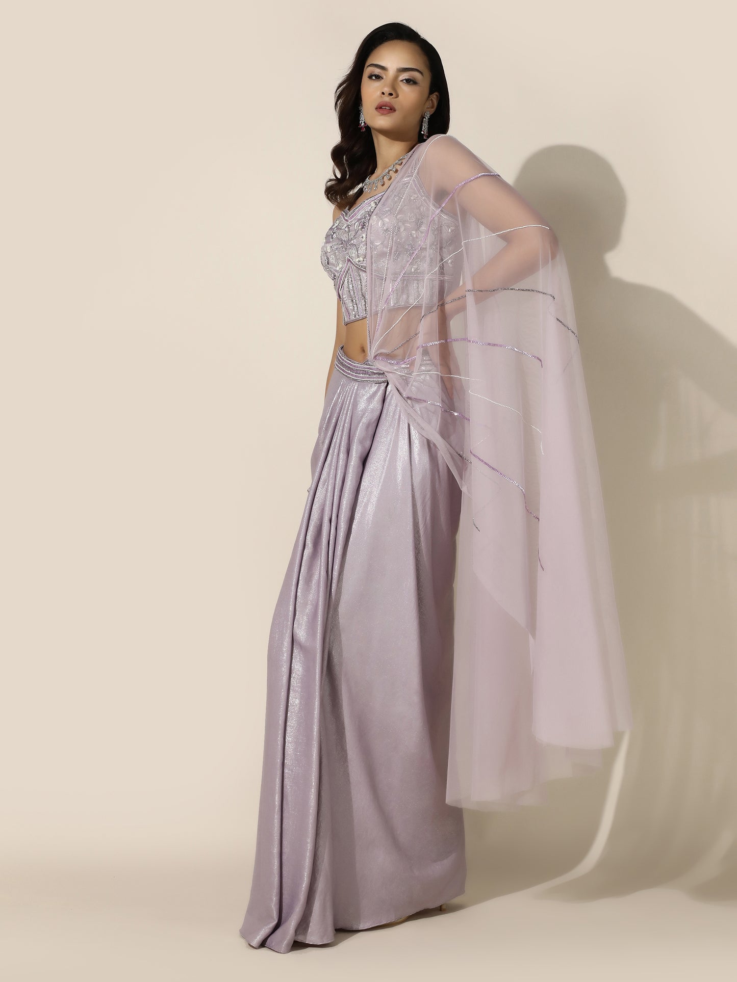 Lilac Shimmer Drape Saree with Corset Blouse and Sheer Shoulder Drape