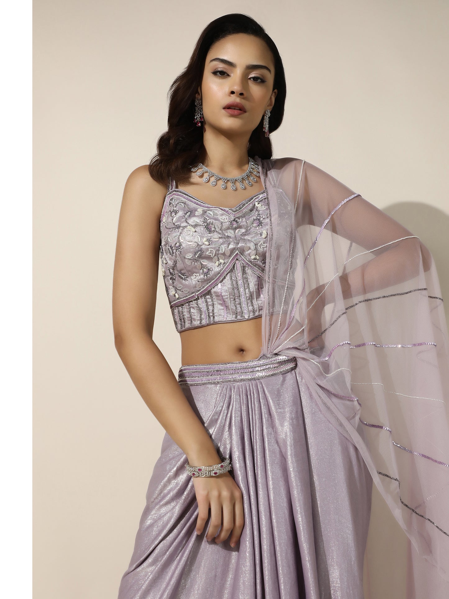 Lilac Shimmer Drape Saree with Corset Blouse and Sheer Shoulder Drape