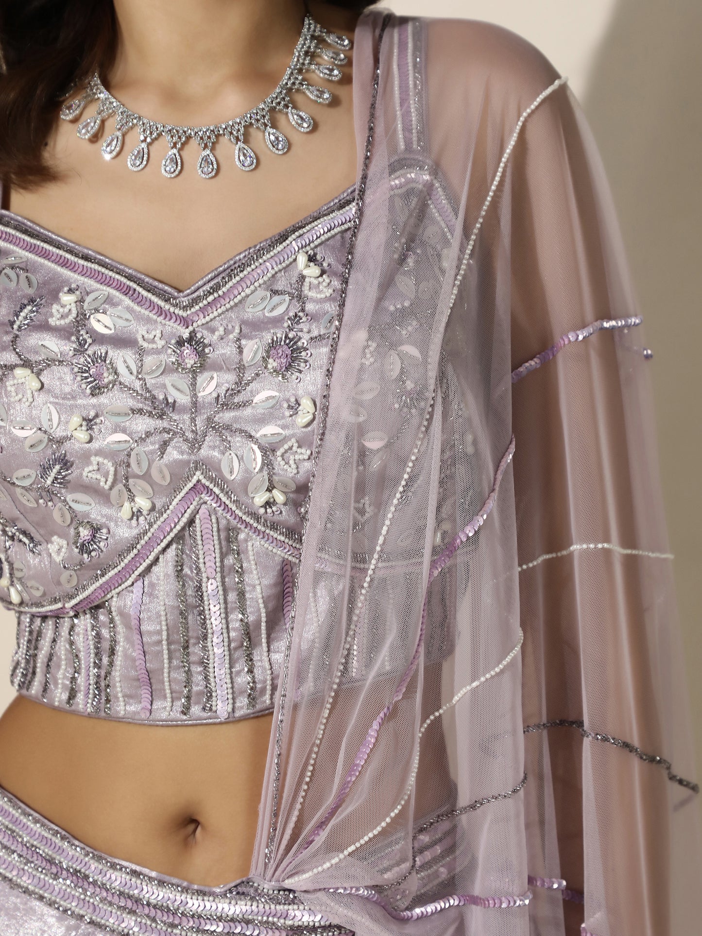 Lilac Shimmer Drape Saree with Corset Blouse and Sheer Shoulder Drape