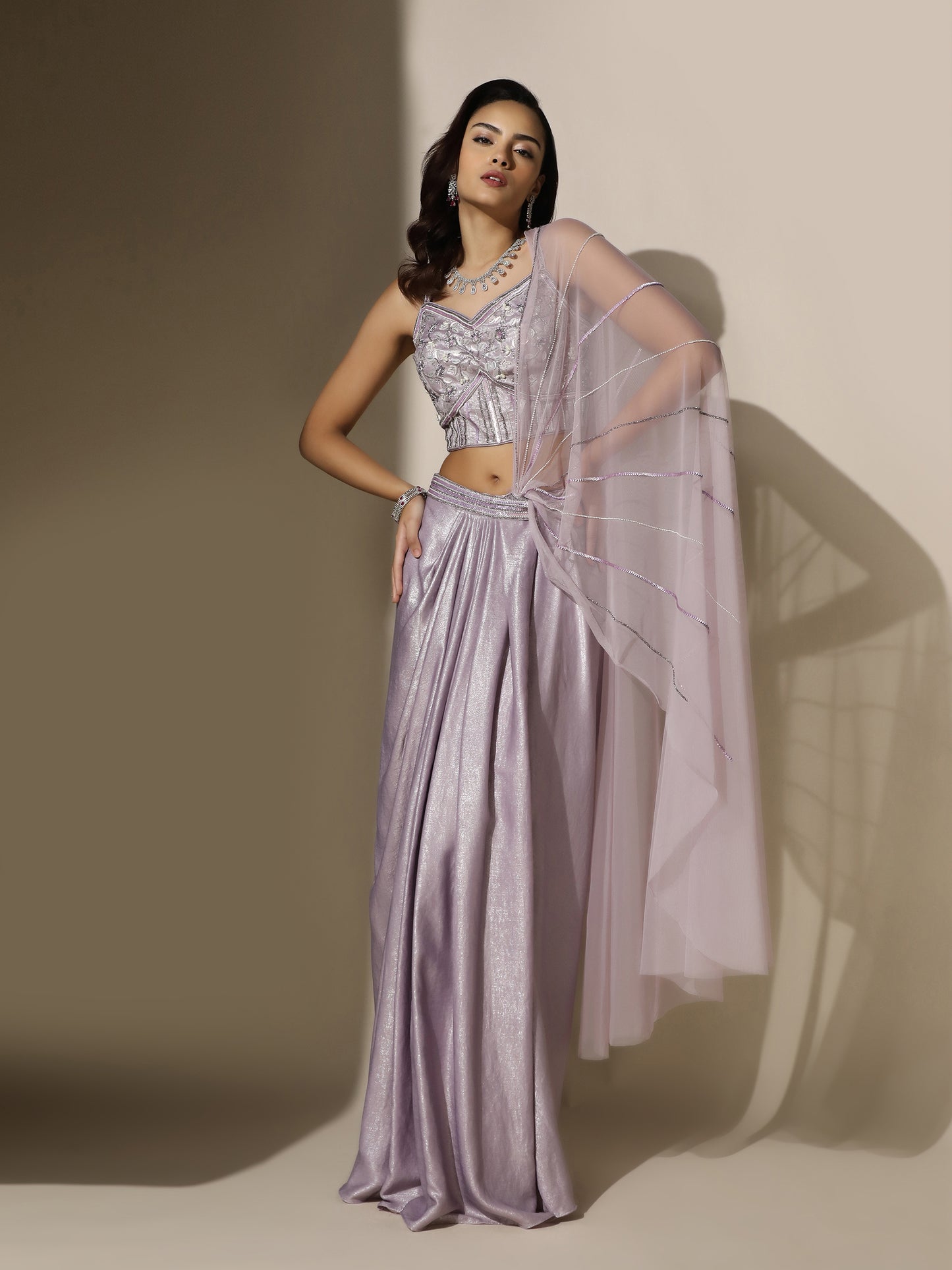 Lilac Shimmer Drape Saree with Corset Blouse and Sheer Shoulder Drape