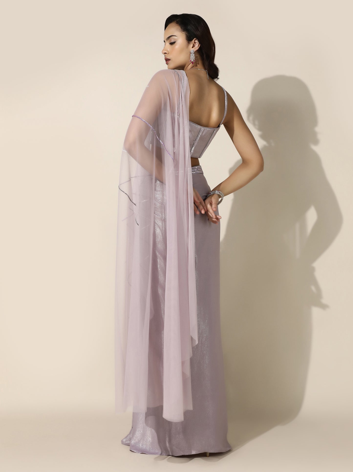 Lilac Shimmer Drape Saree with Corset Blouse and Sheer Shoulder Drape
