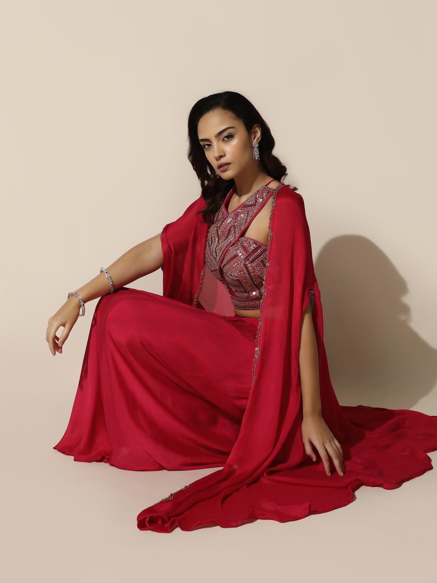 Hot Pink Haulter Drape Cord-Set With Sheer Cape