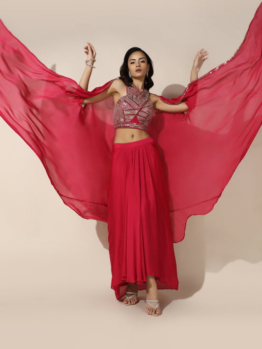 Hot Pink Haulter Drape Cord-Set With Sheer Cape