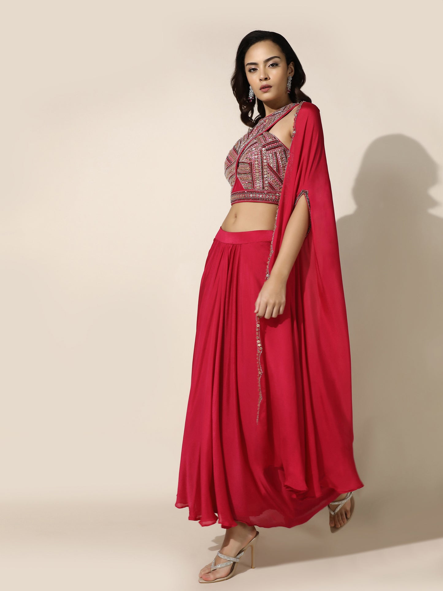 Hot Pink Haulter Drape Cord-Set With Sheer Cape