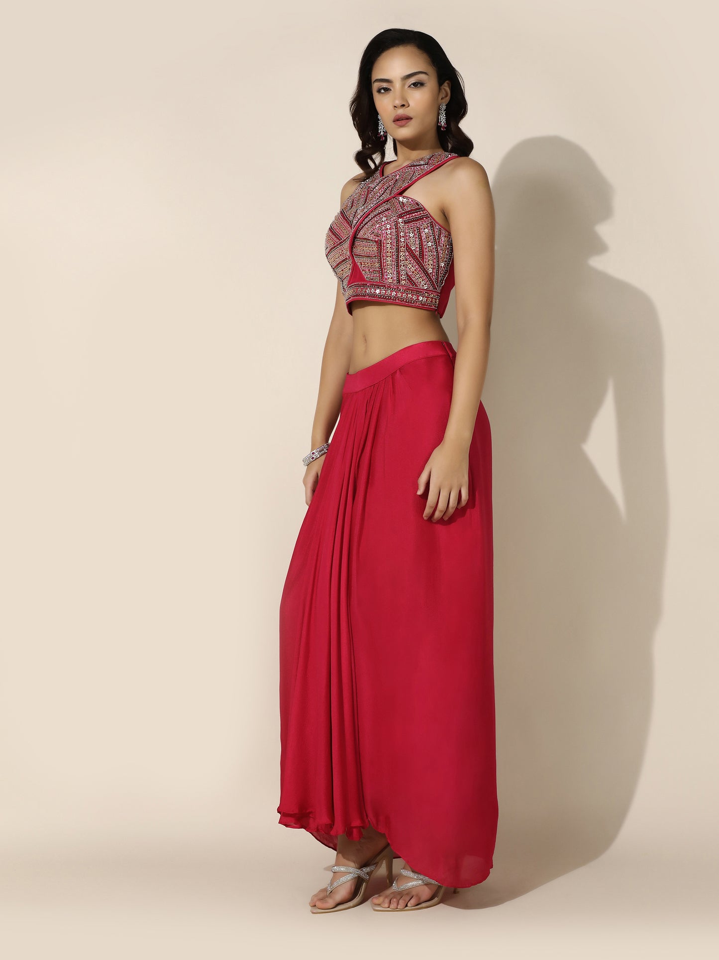 Hot Pink Haulter Drape Cord-Set With Sheer Cape