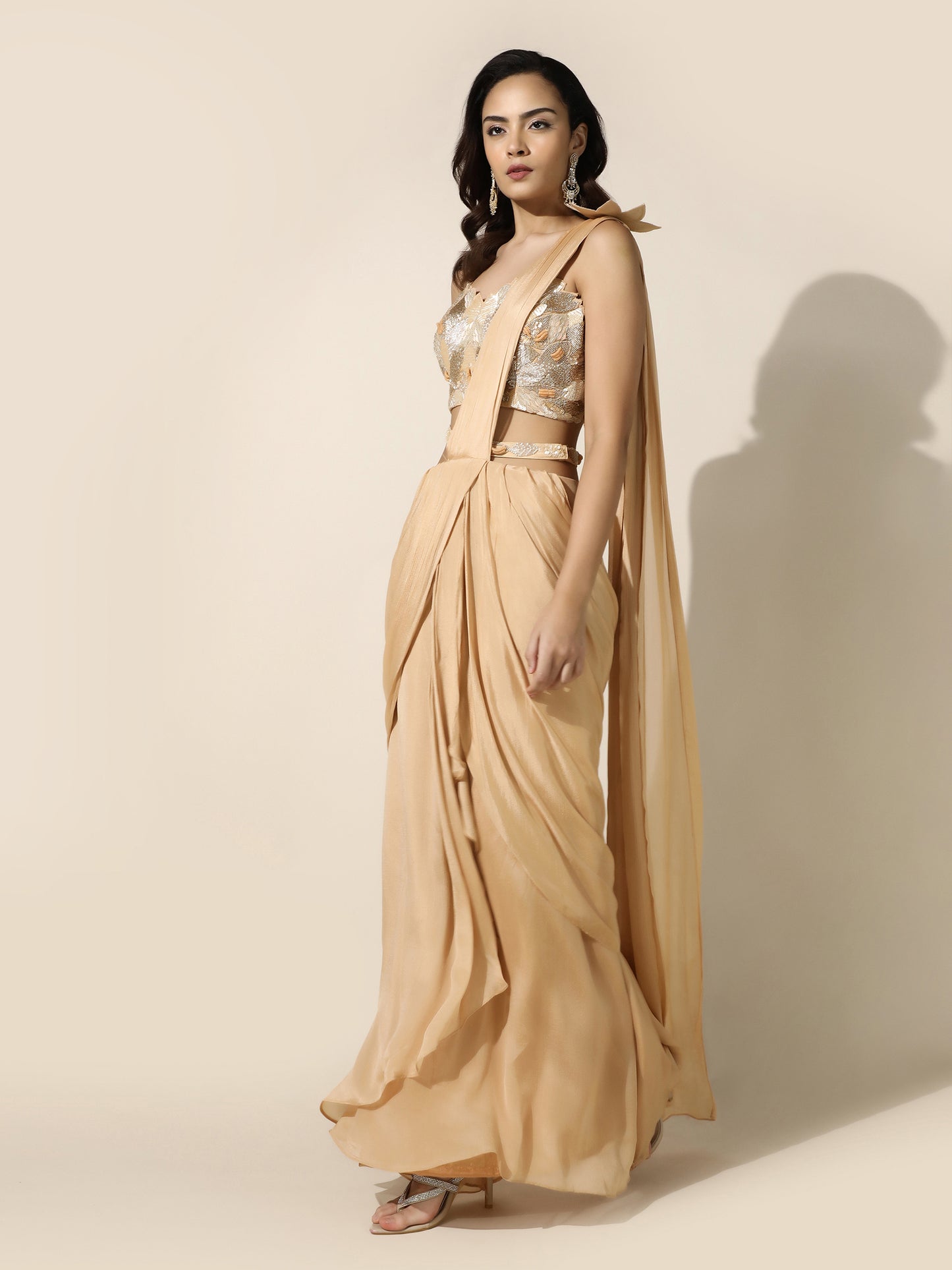 Gold Crushed Crepe Drape Saree with Cutwork Blouse and Flower Brooch on Shoulder