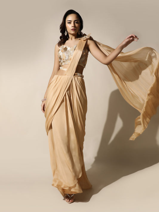 Gold Crushed Crepe Drape Saree with Cutwork Blouse and Flower Brooch on Shoulder