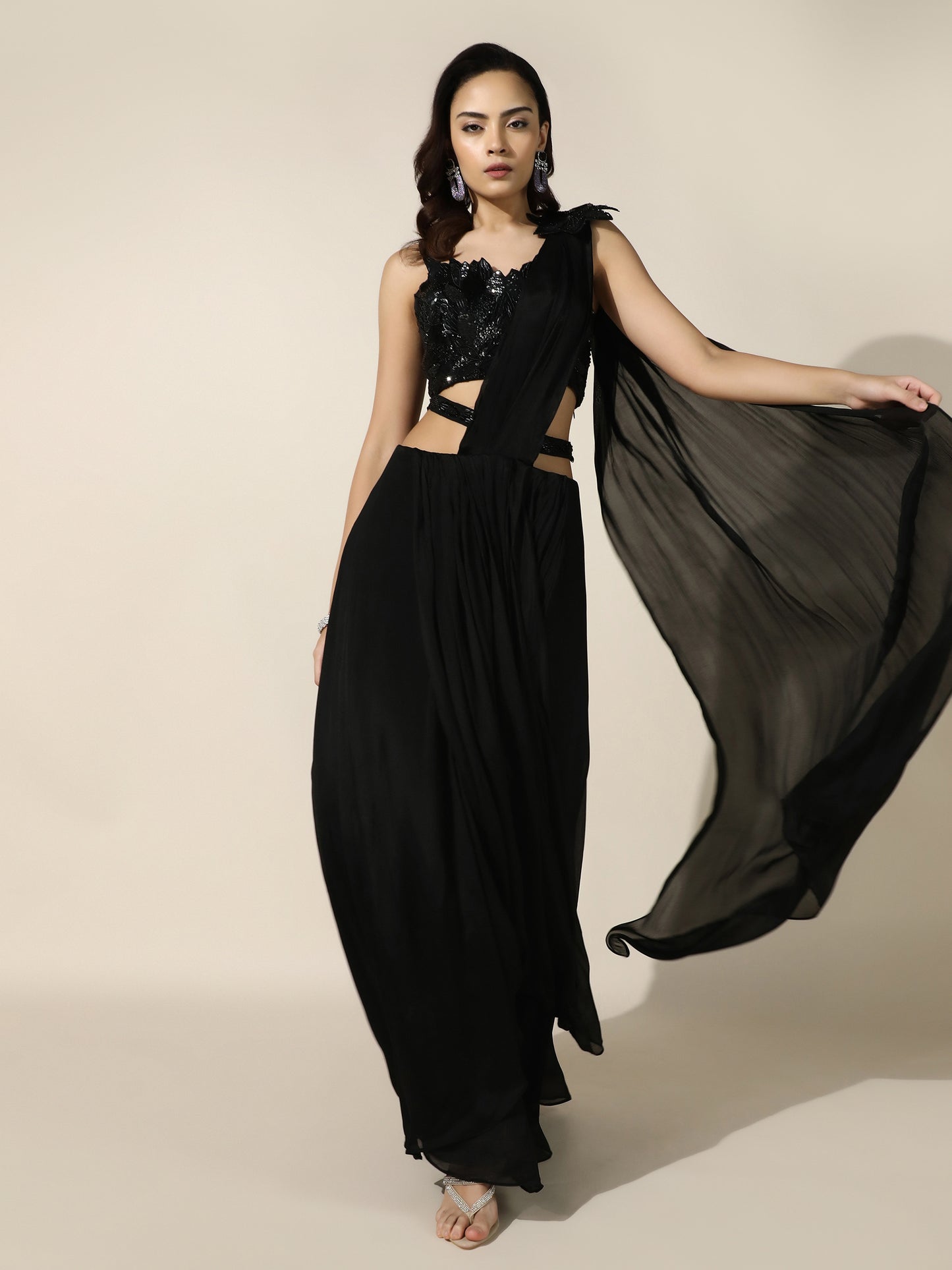 Black Crushed Crepe Drape Saree with Cutwork Blouse and Flower Brooch on Shoulder