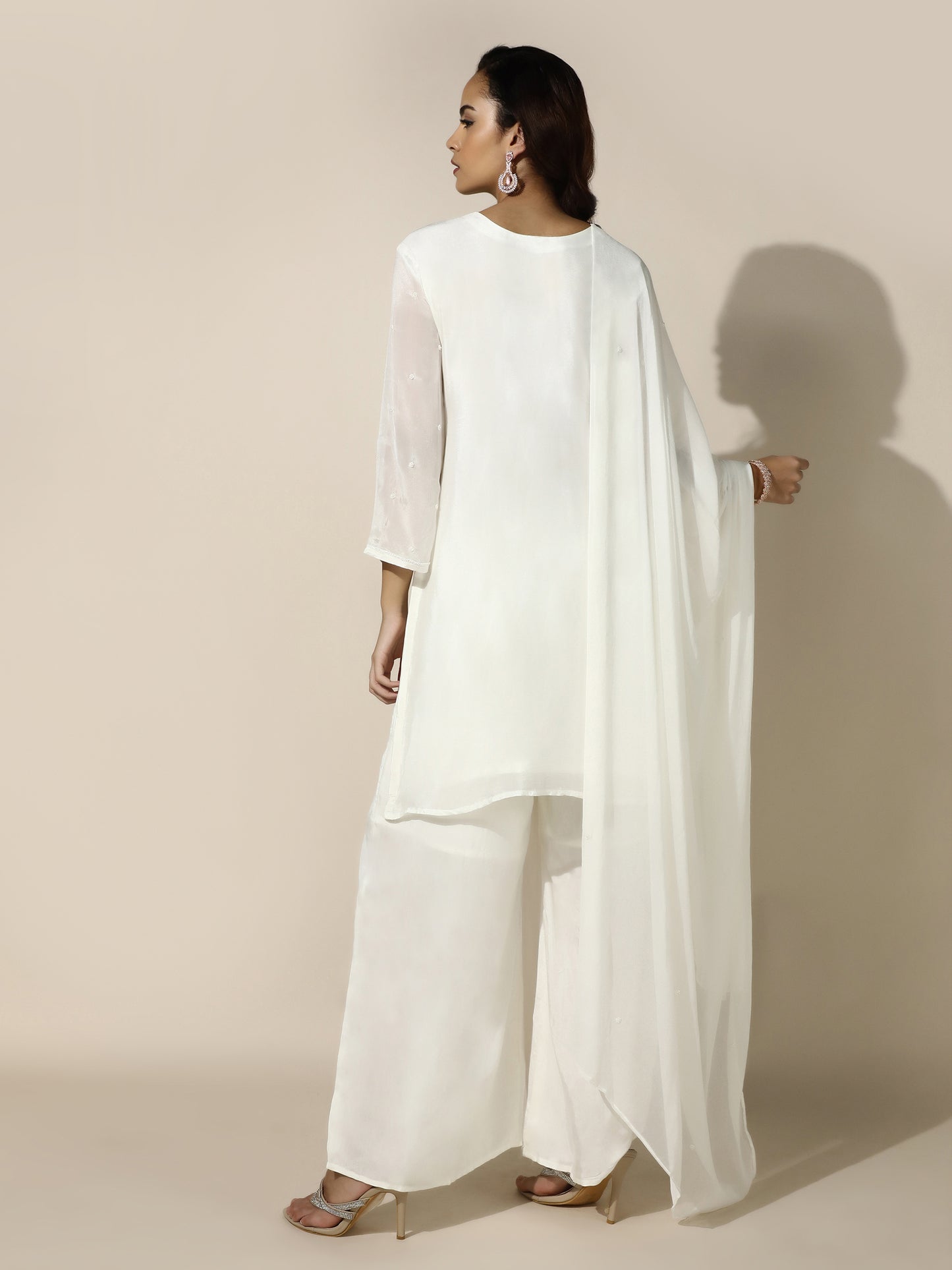 White Embroidered Suit Set With Flared Pant Scalloped Hemline
