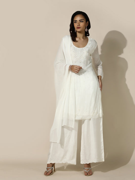 White Embroidered Suit Set With Flared Pant Scalloped Hemline