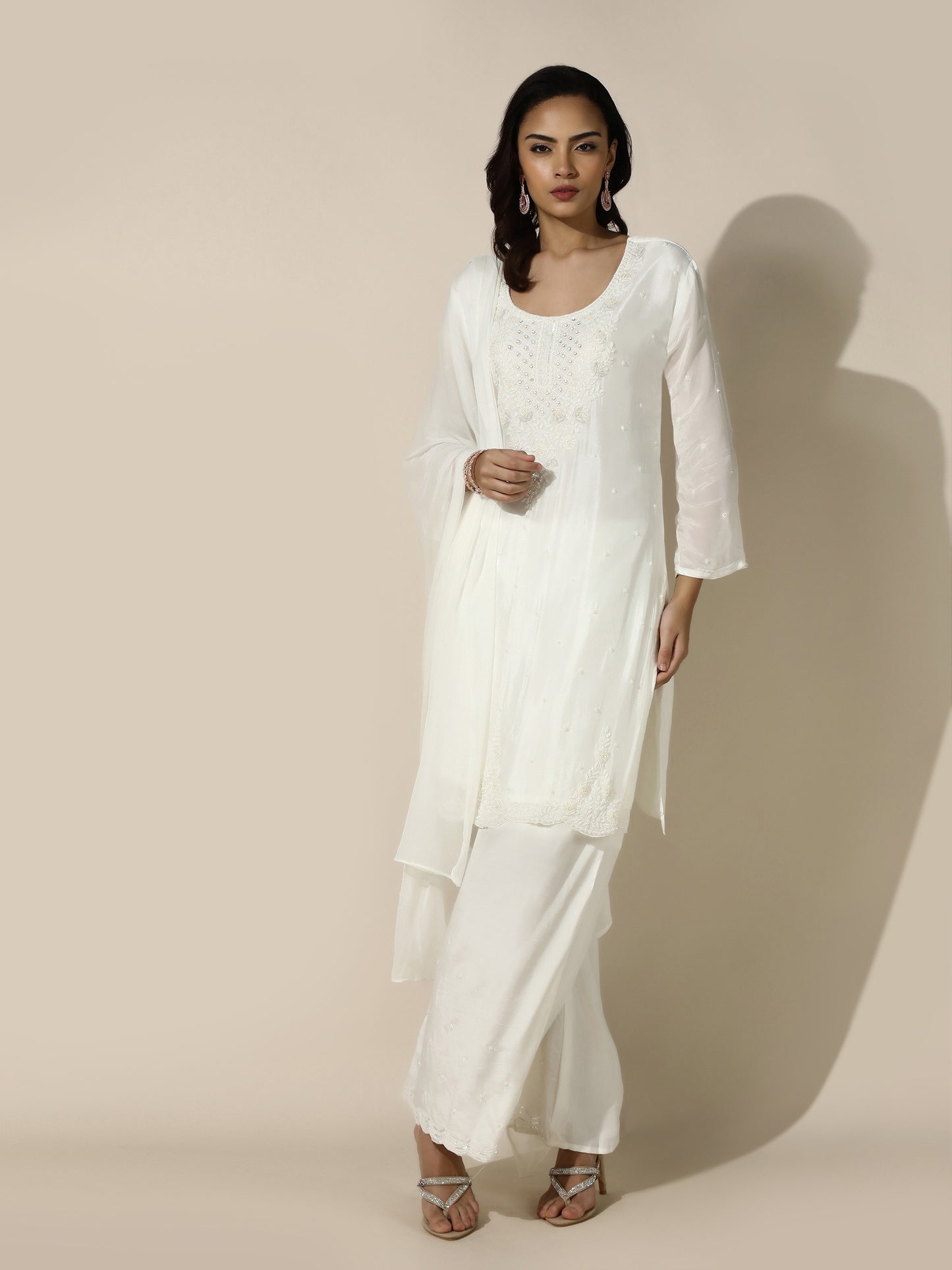 White Embroidered Suit Set With Flared Pant Scalloped Hemline