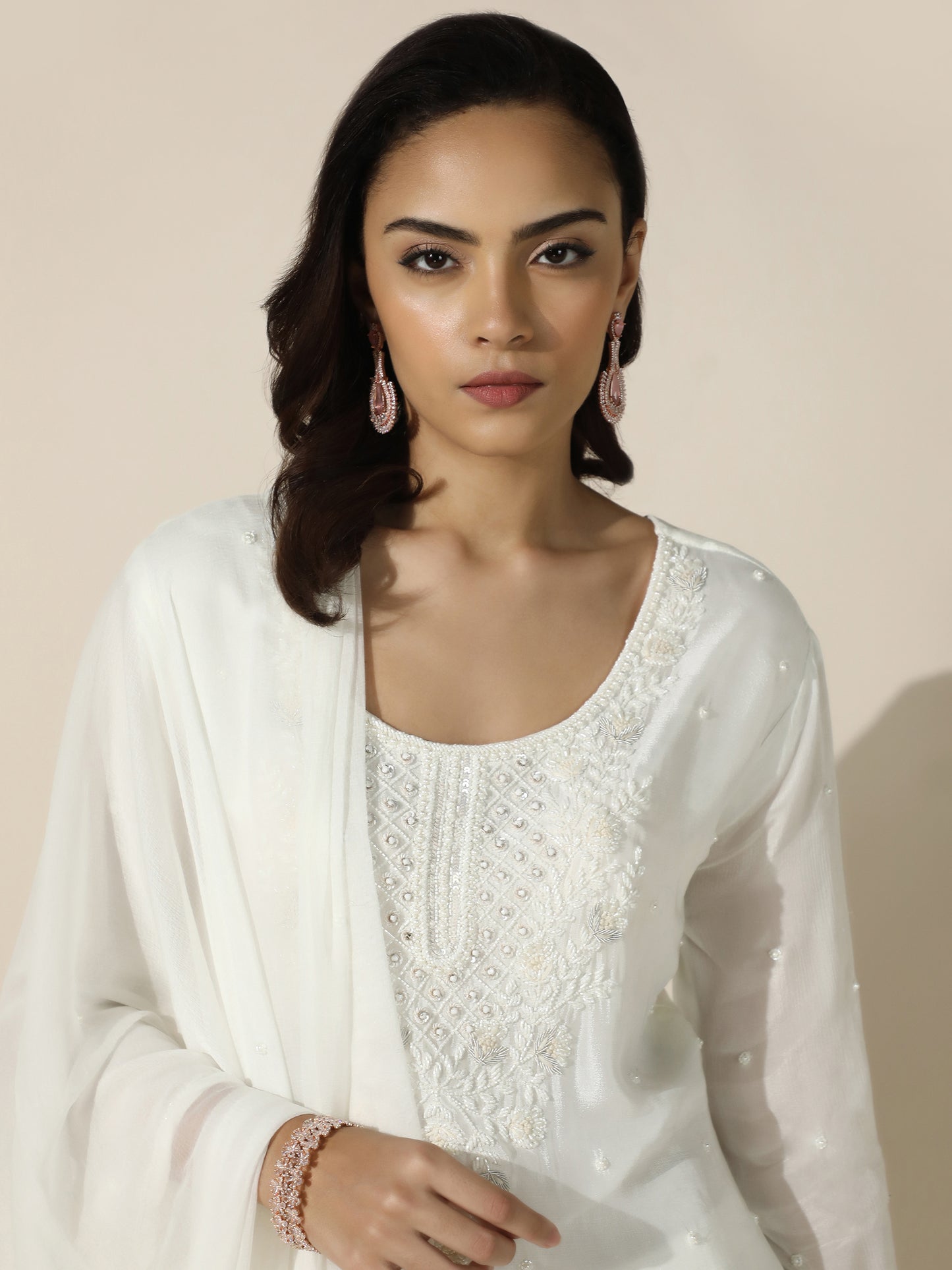 White Embroidered Suit Set With Flared Pant Scalloped Hemline