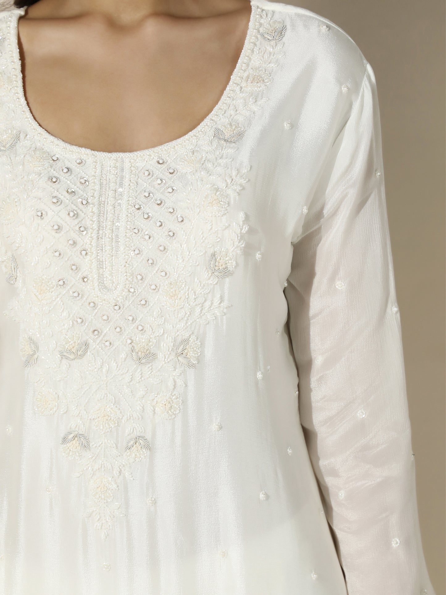 White Embroidered Suit Set With Flared Pant Scalloped Hemline