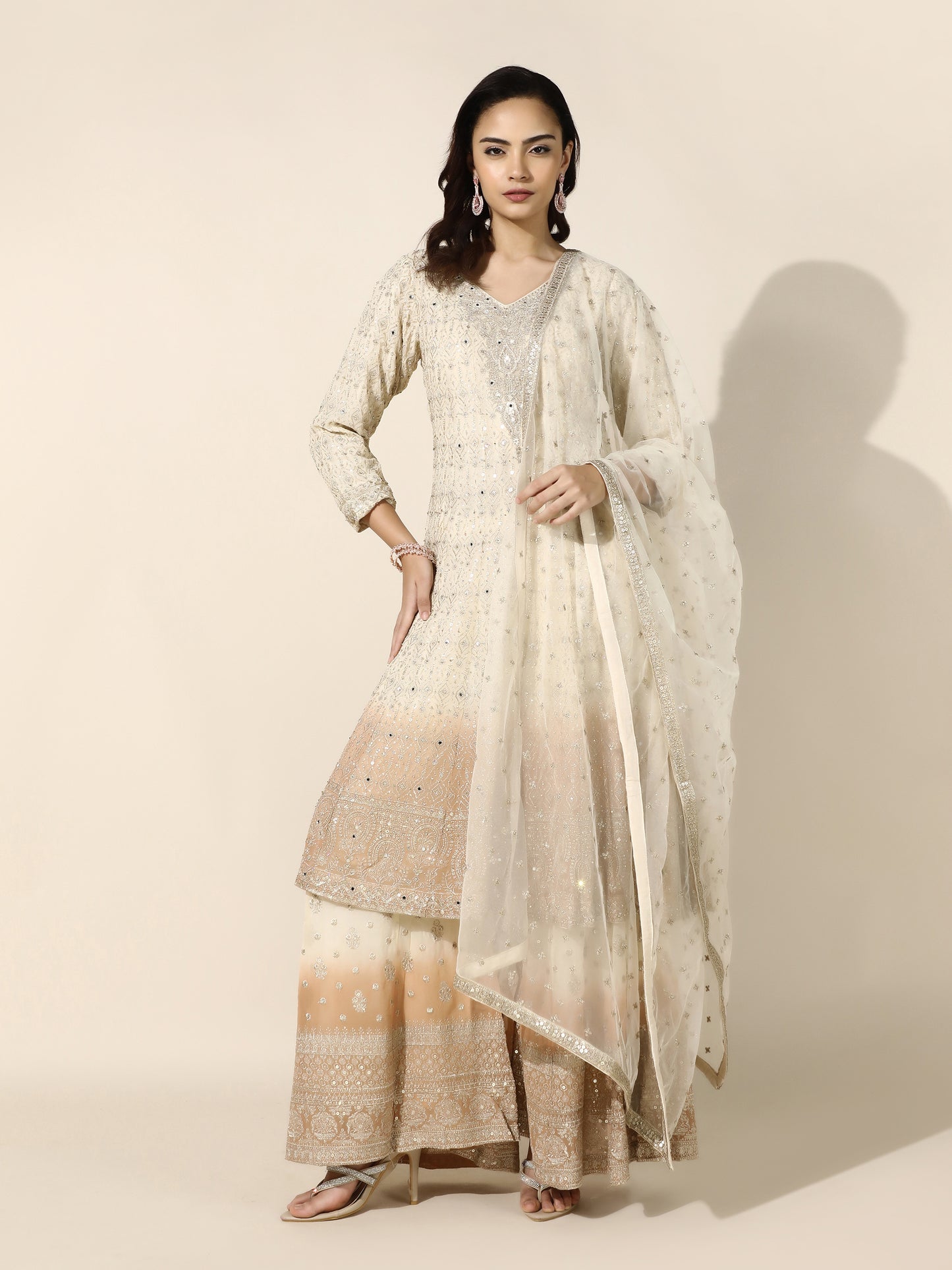 Ivory And Peach Ombre Anarkali-Sharara Set