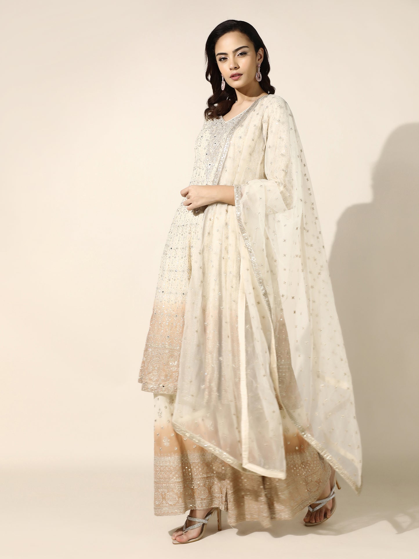 Ivory And Peach Ombre Anarkali-Sharara Set