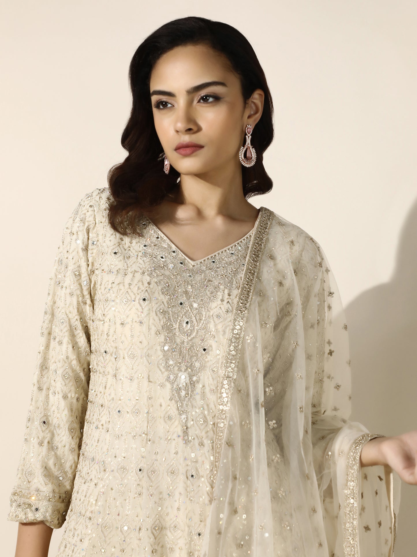 Ivory And Peach Ombre Anarkali-Sharara Set