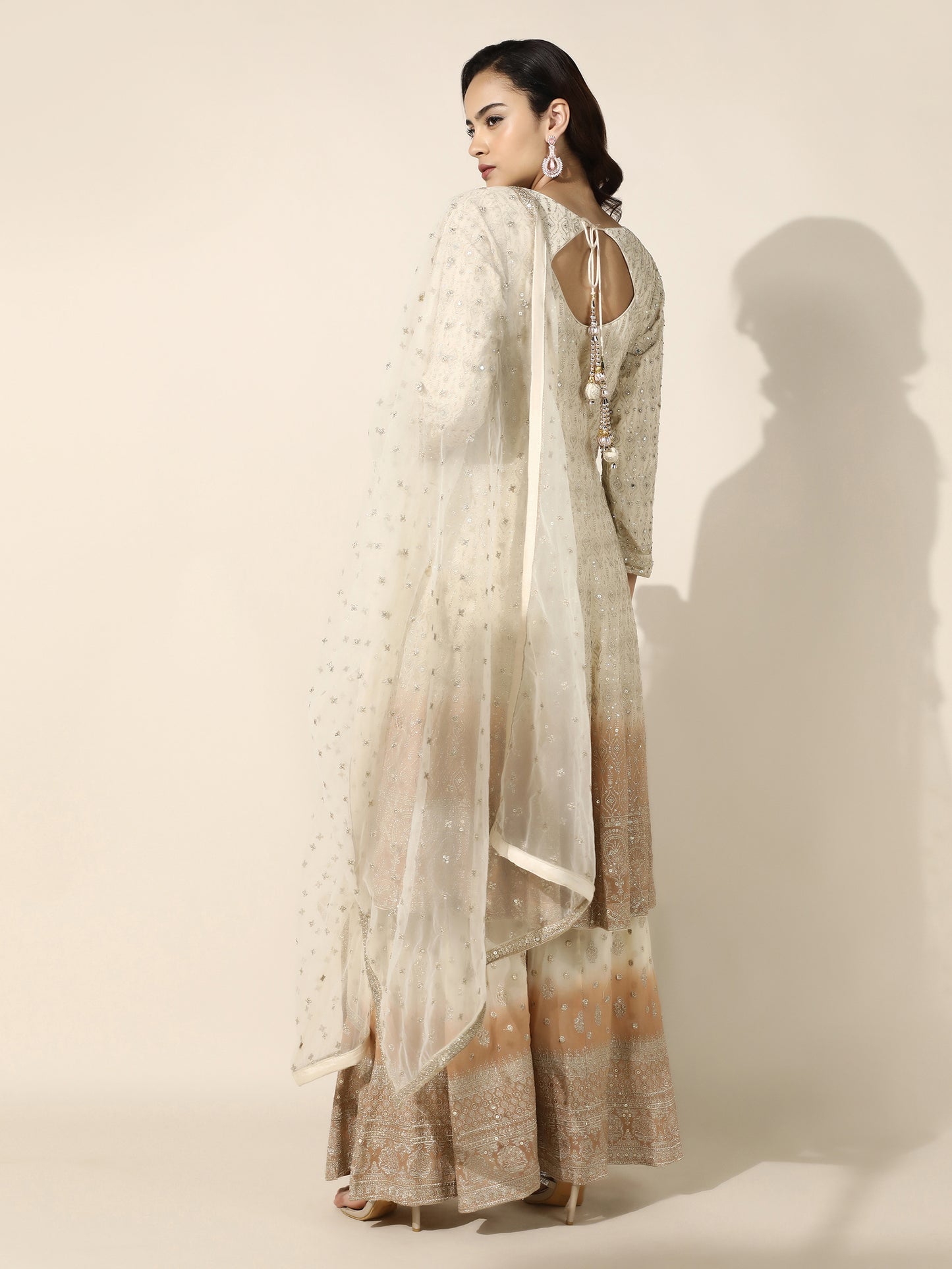 Ivory And Peach Ombre Anarkali-Sharara Set
