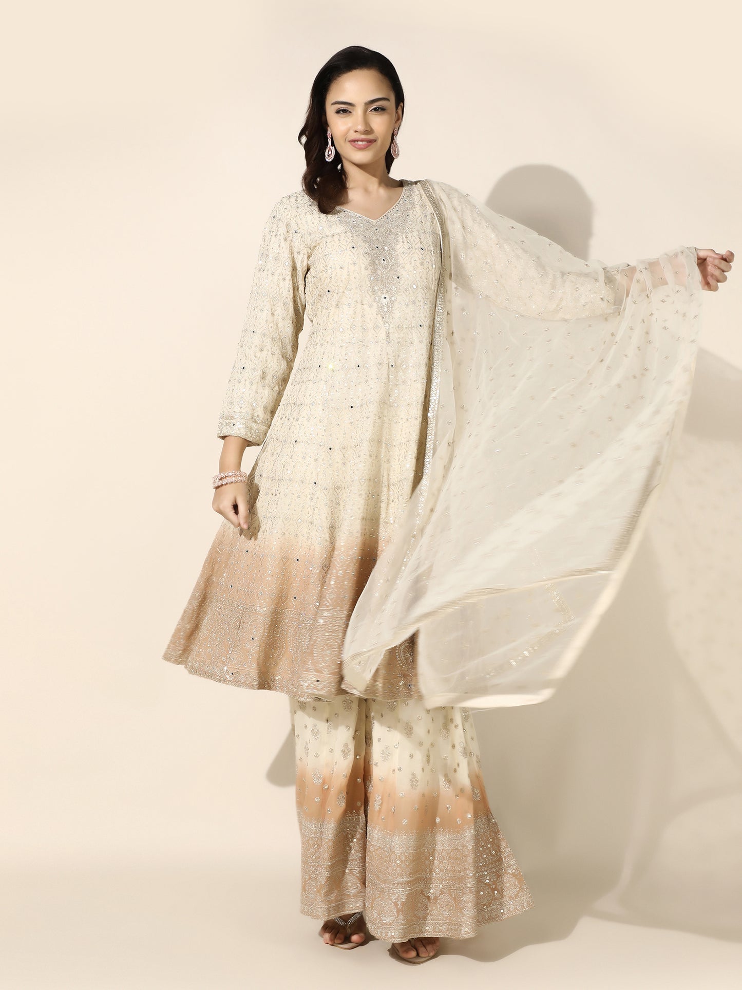 Ivory And Peach Ombre Anarkali-Sharara Set