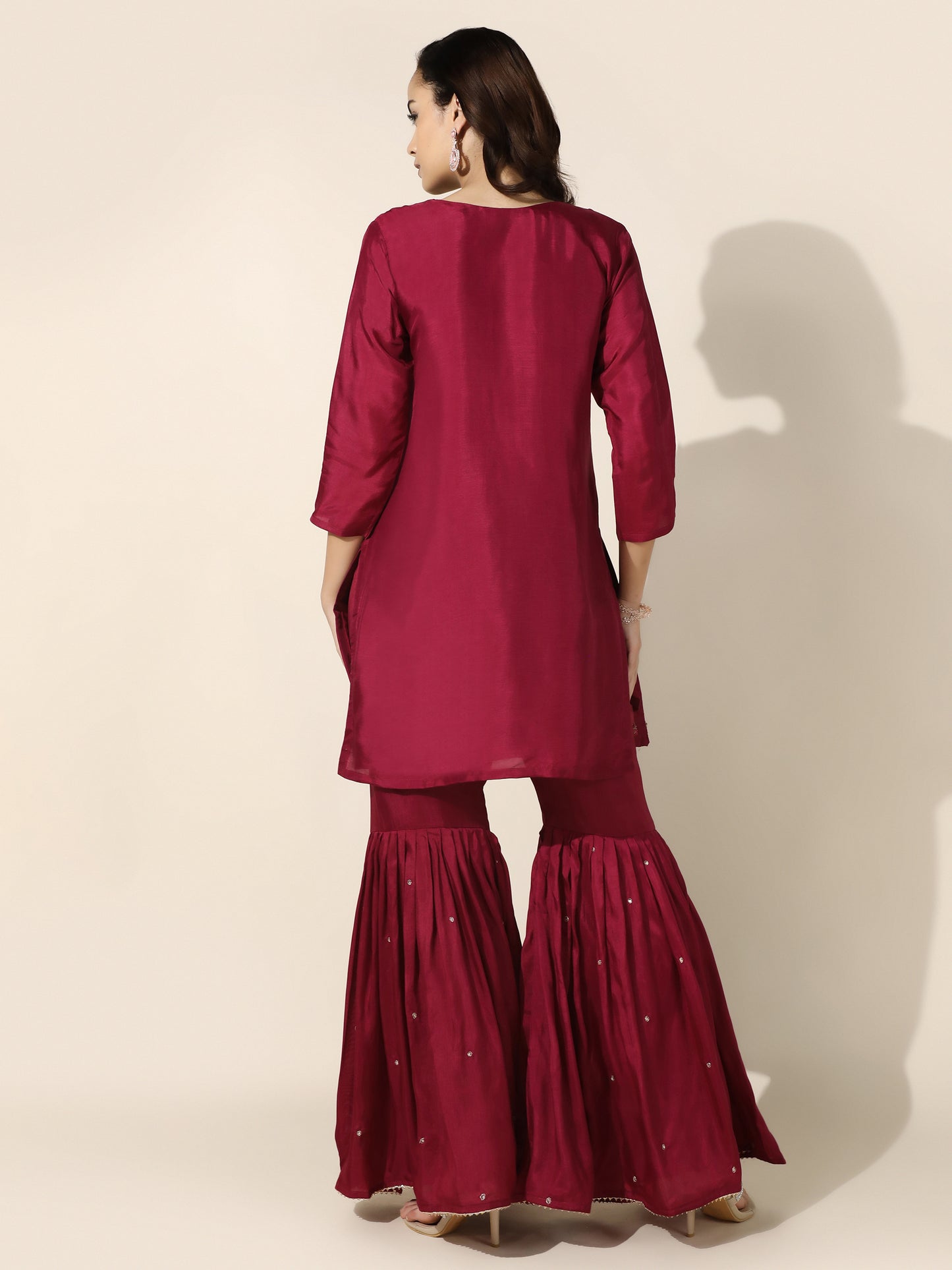 Crimson Silk Gharara Set with Dabka Embroidery and Scalloped Organza Dupatta