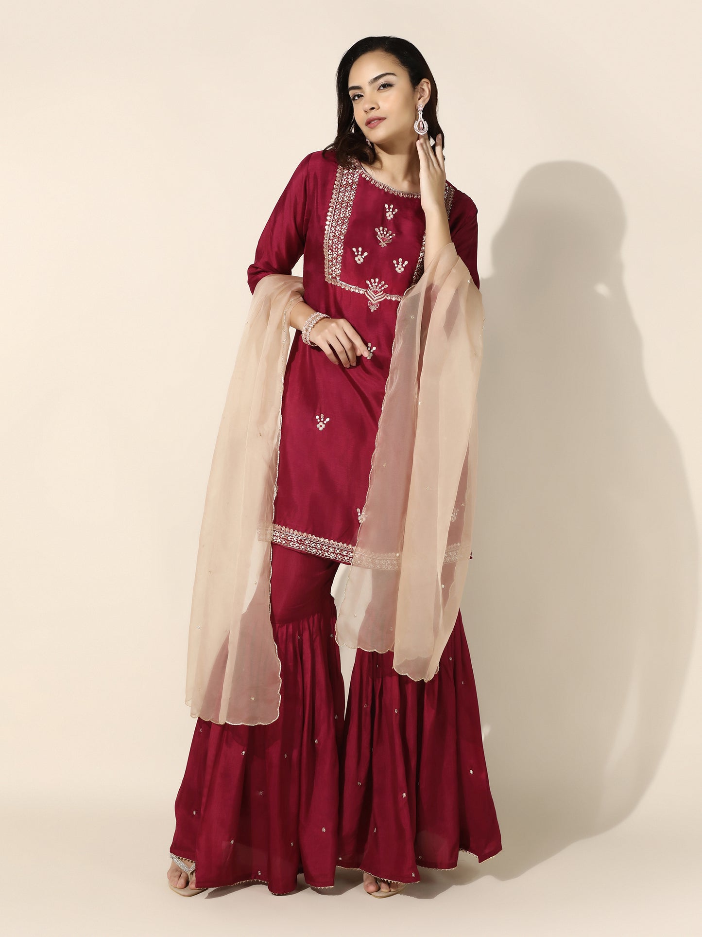 Crimson Silk Gharara Set with Dabka Embroidery and Scalloped Organza Dupatta