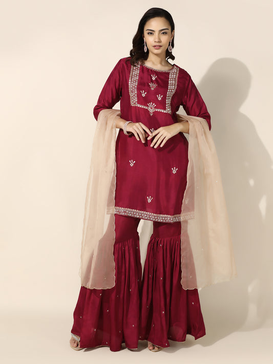 Crimson Silk Gharara Set with Dabka Embroidery and Scalloped Organza Dupatta