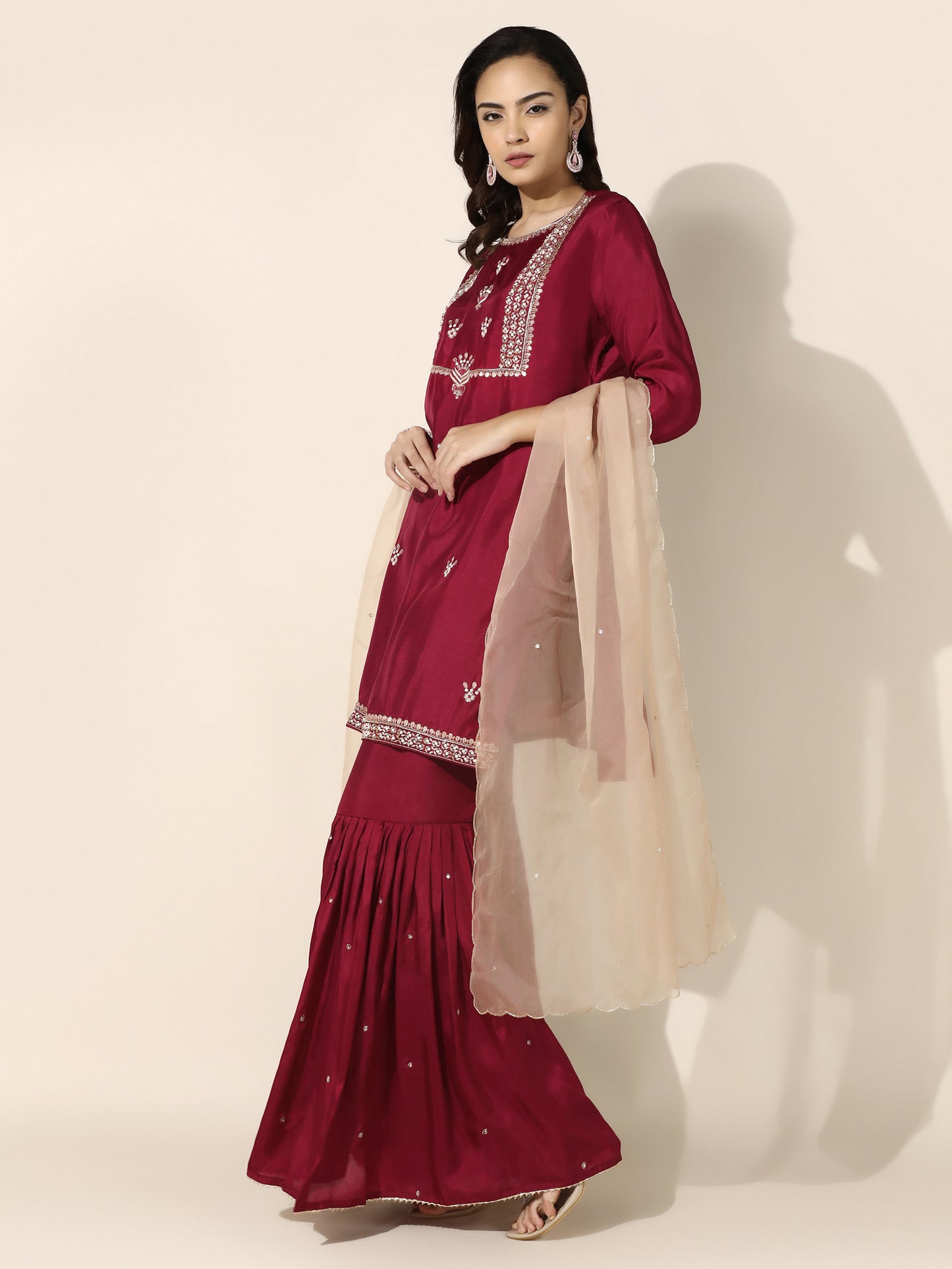 Crimson Silk Gharara Set with Dabka Embroidery and Scalloped Organza Dupatta