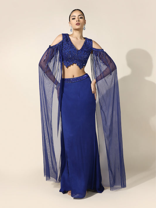 Royal Blue OTB Crepe Set with Geometrical Cutwork Blouse and Attached Cape Sleeves