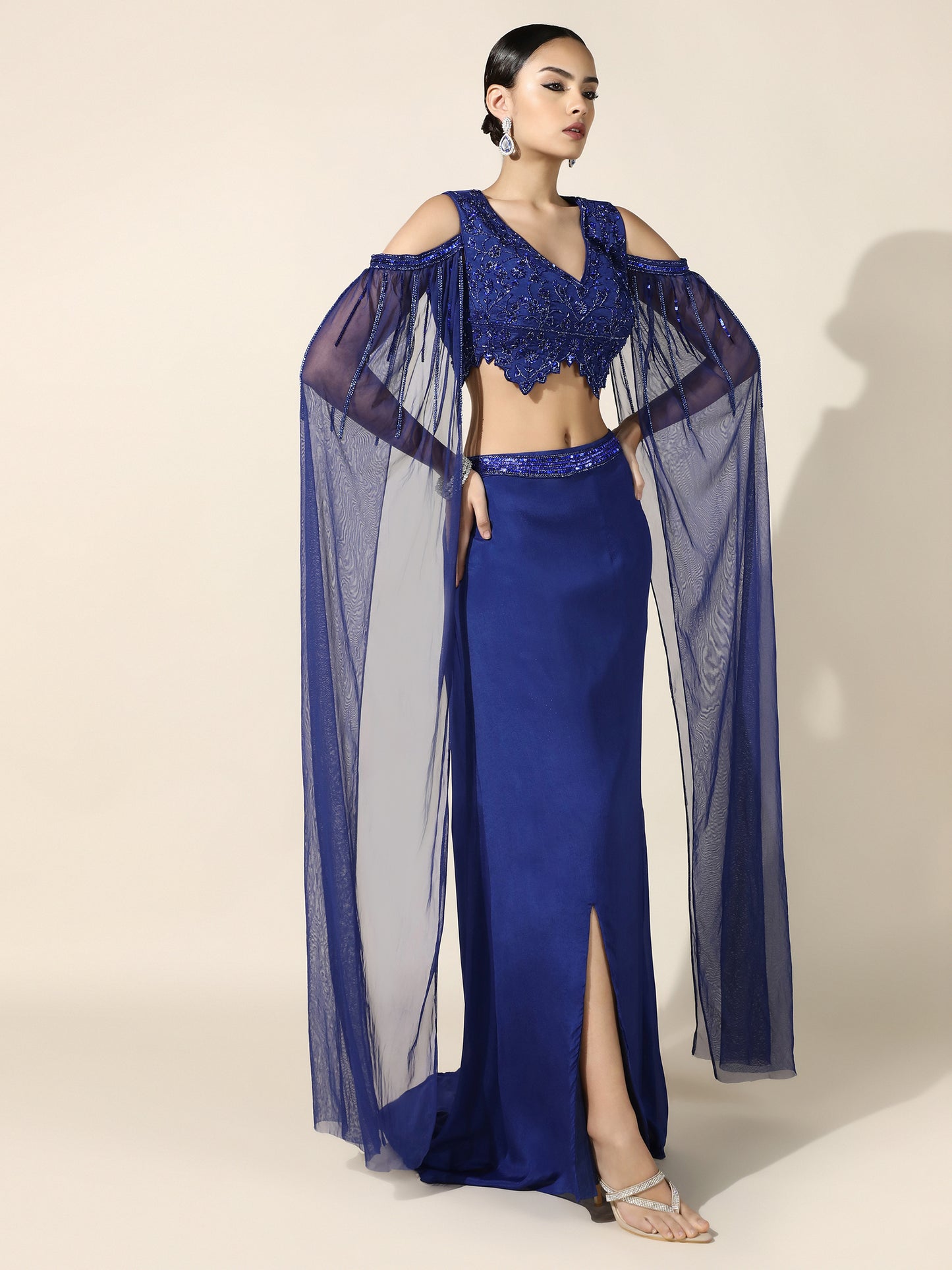 Royal Blue OTB Crepe Set with Geometrical Cutwork Blouse and Attached Cape Sleeves