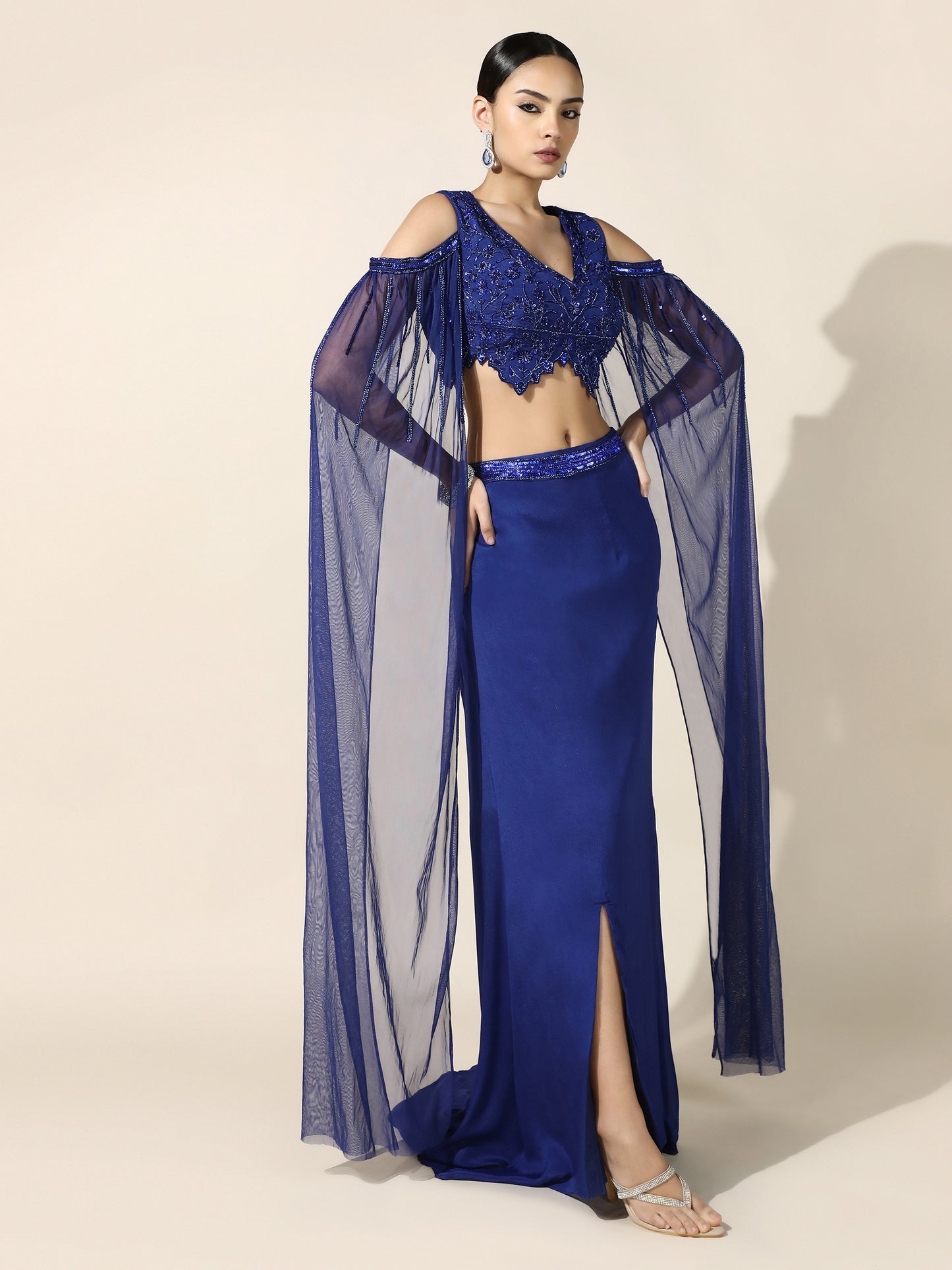 Royal Blue OTB Crepe Set with Geometrical Cutwork Blouse and Attached Cape Sleeves