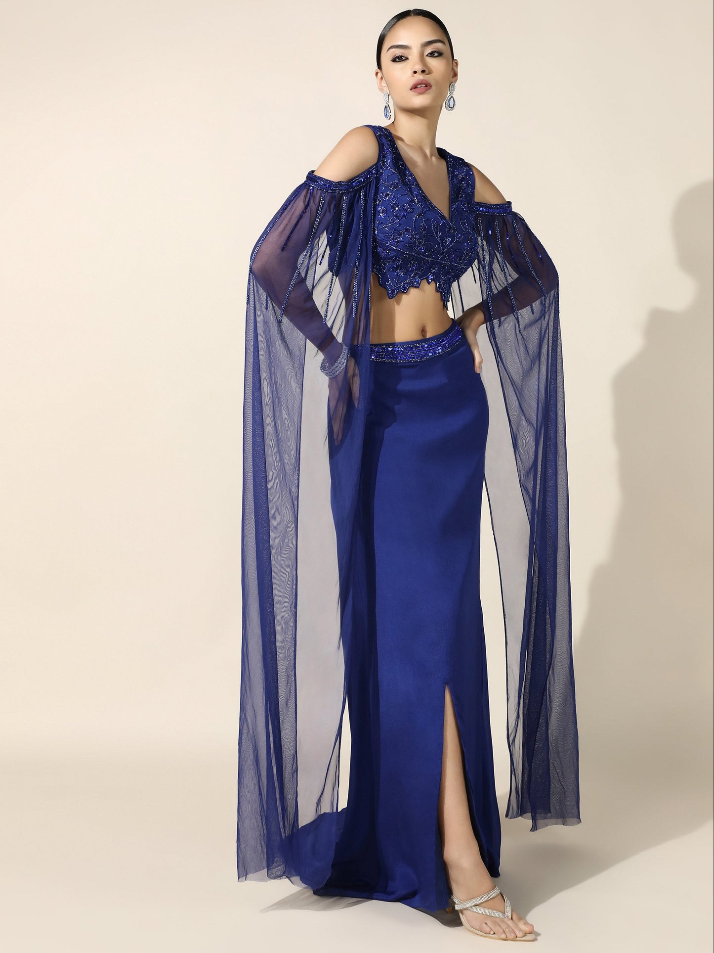 Royal Blue OTB Crepe Set with Geometrical Cutwork Blouse and Attached Cape Sleeves