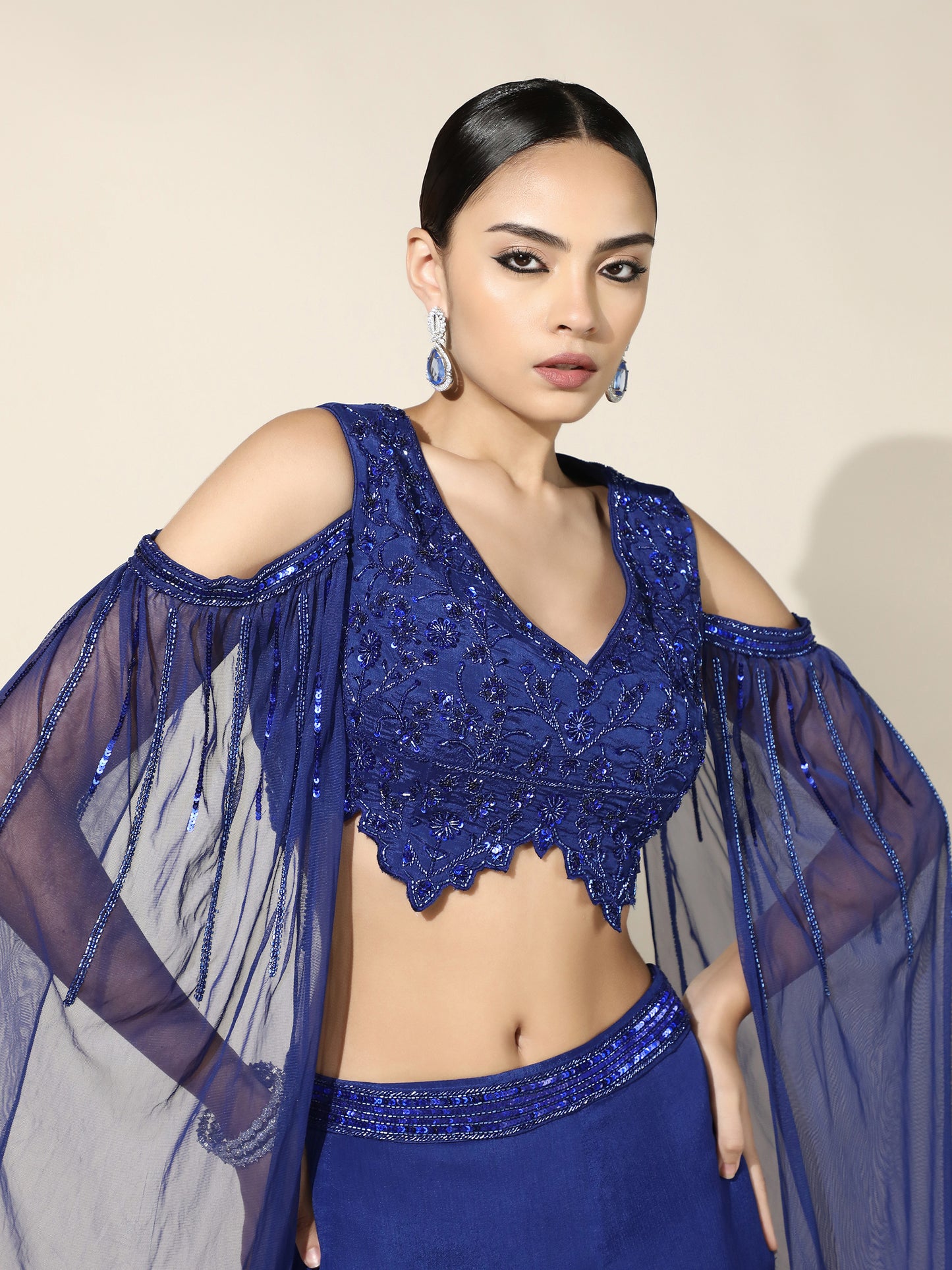 Royal Blue OTB Crepe Set with Geometrical Cutwork Blouse and Attached Cape Sleeves