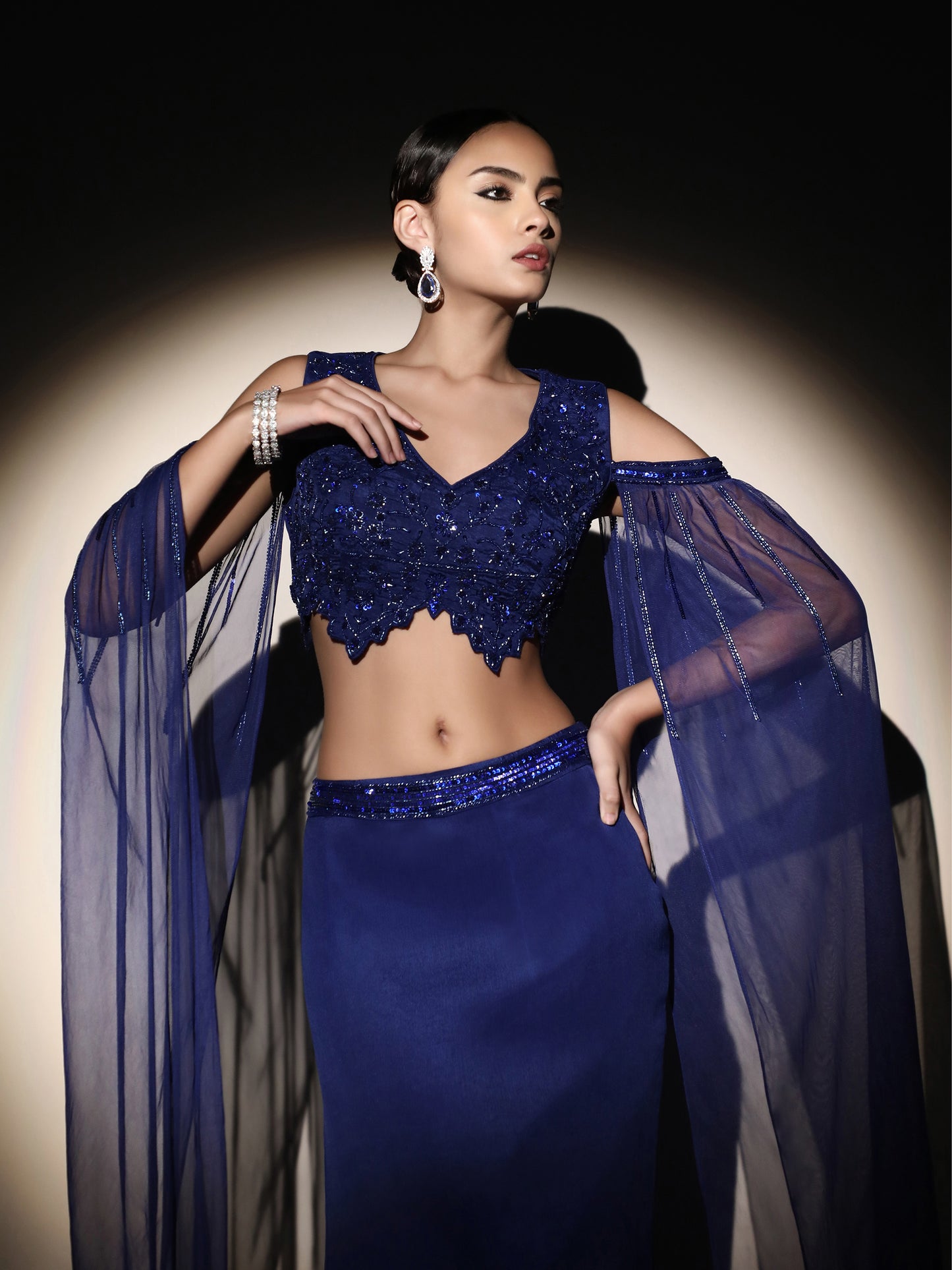 Royal Blue OTB Crepe Set with Geometrical Cutwork Blouse and Attached Cape Sleeves