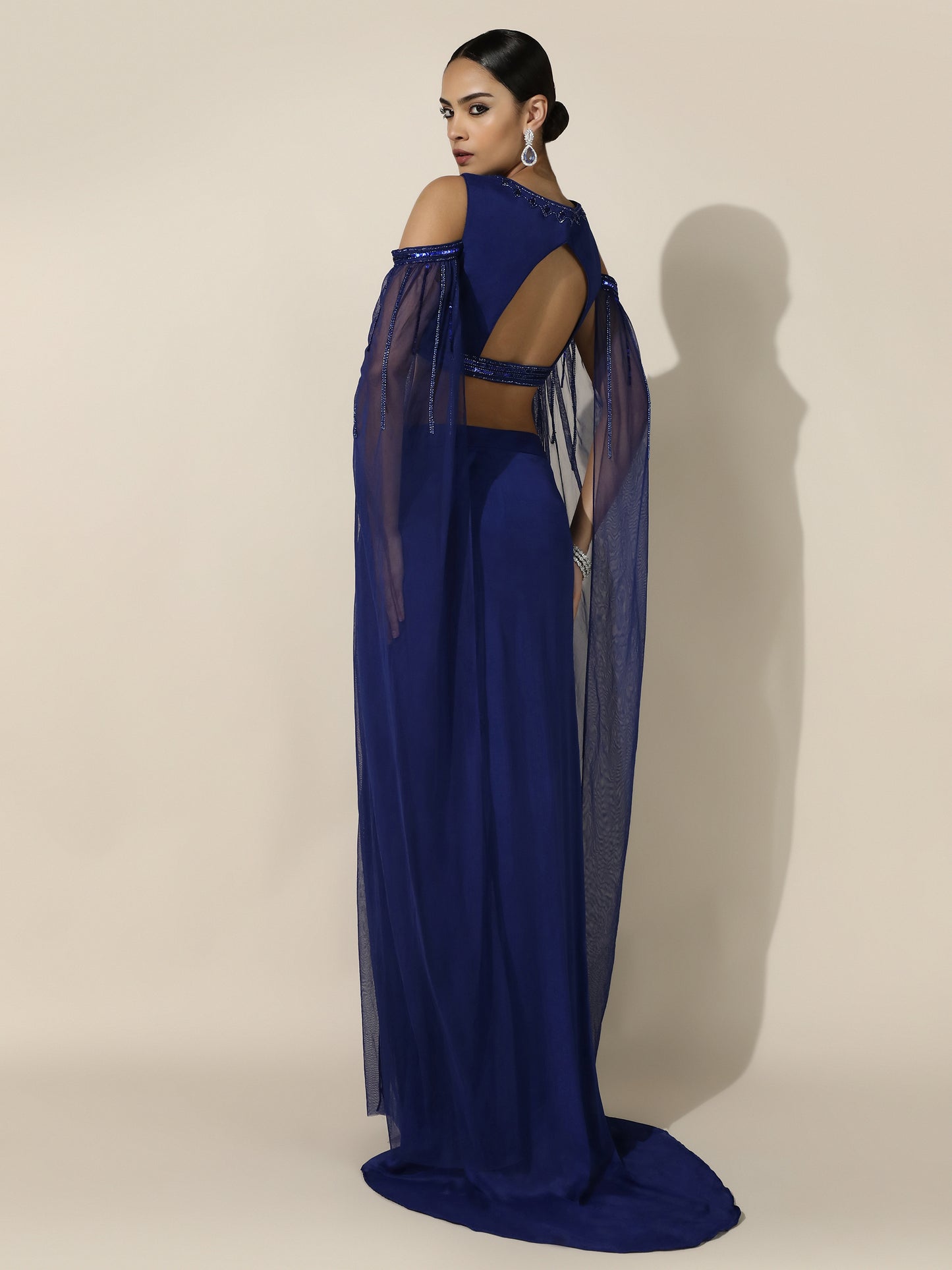 Royal Blue OTB Crepe Set with Geometrical Cutwork Blouse and Attached Cape Sleeves