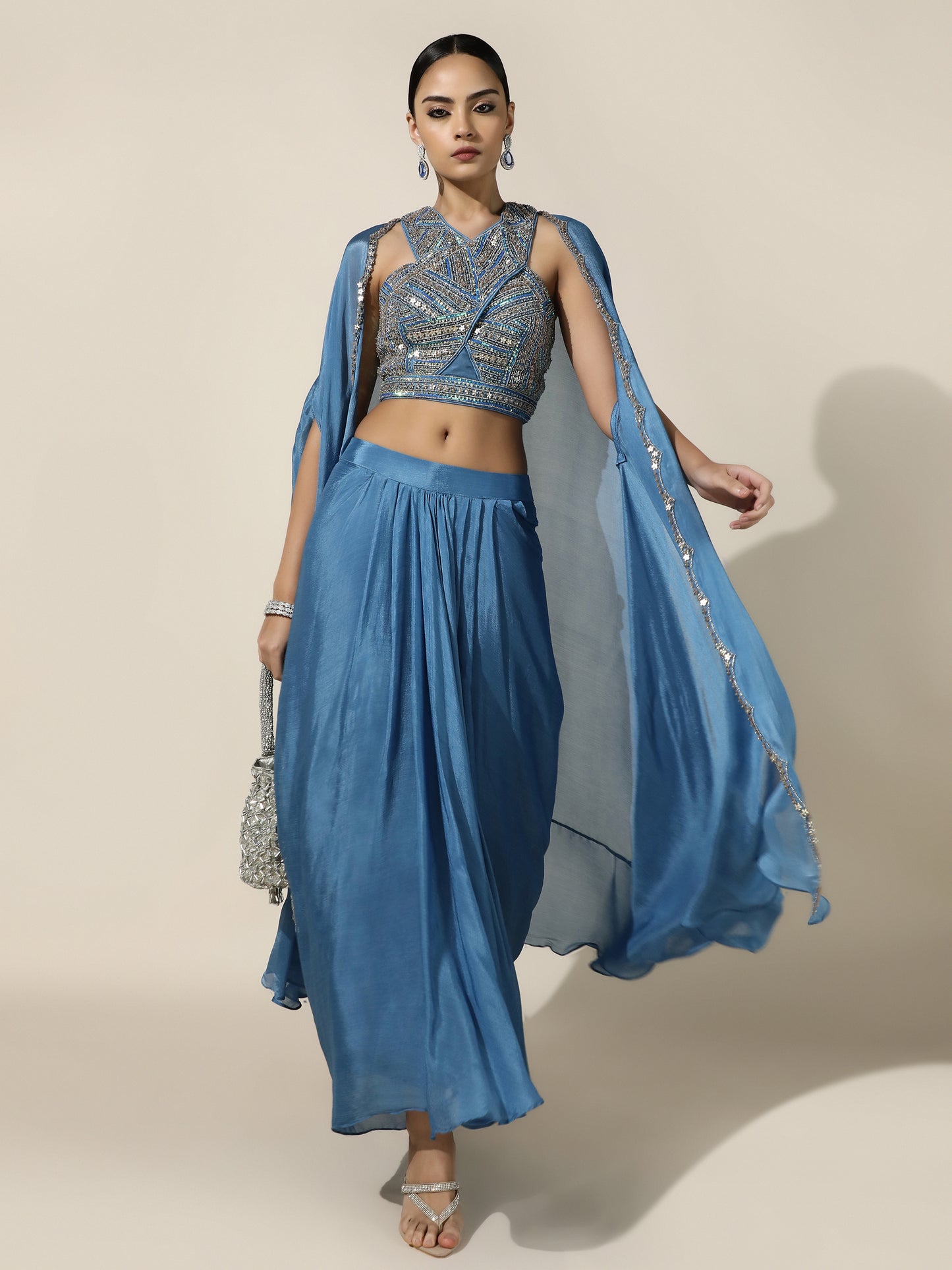 Blue Haulter Drape Cord-Set With Sheer Cape