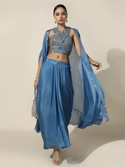 Blue Haulter Drape Cord-Set With Sheer Cape