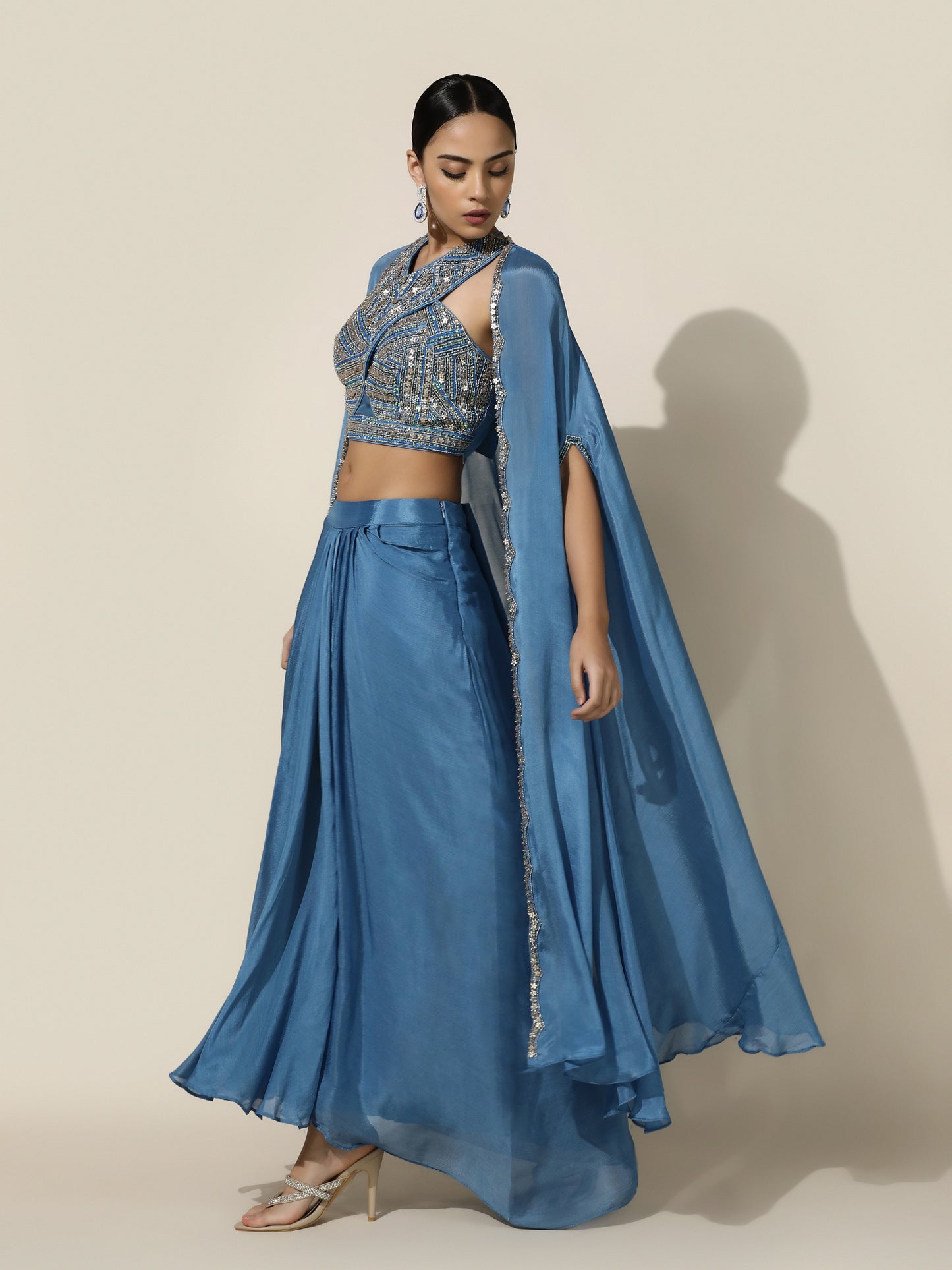 Blue Haulter Drape Cord-Set With Sheer Cape