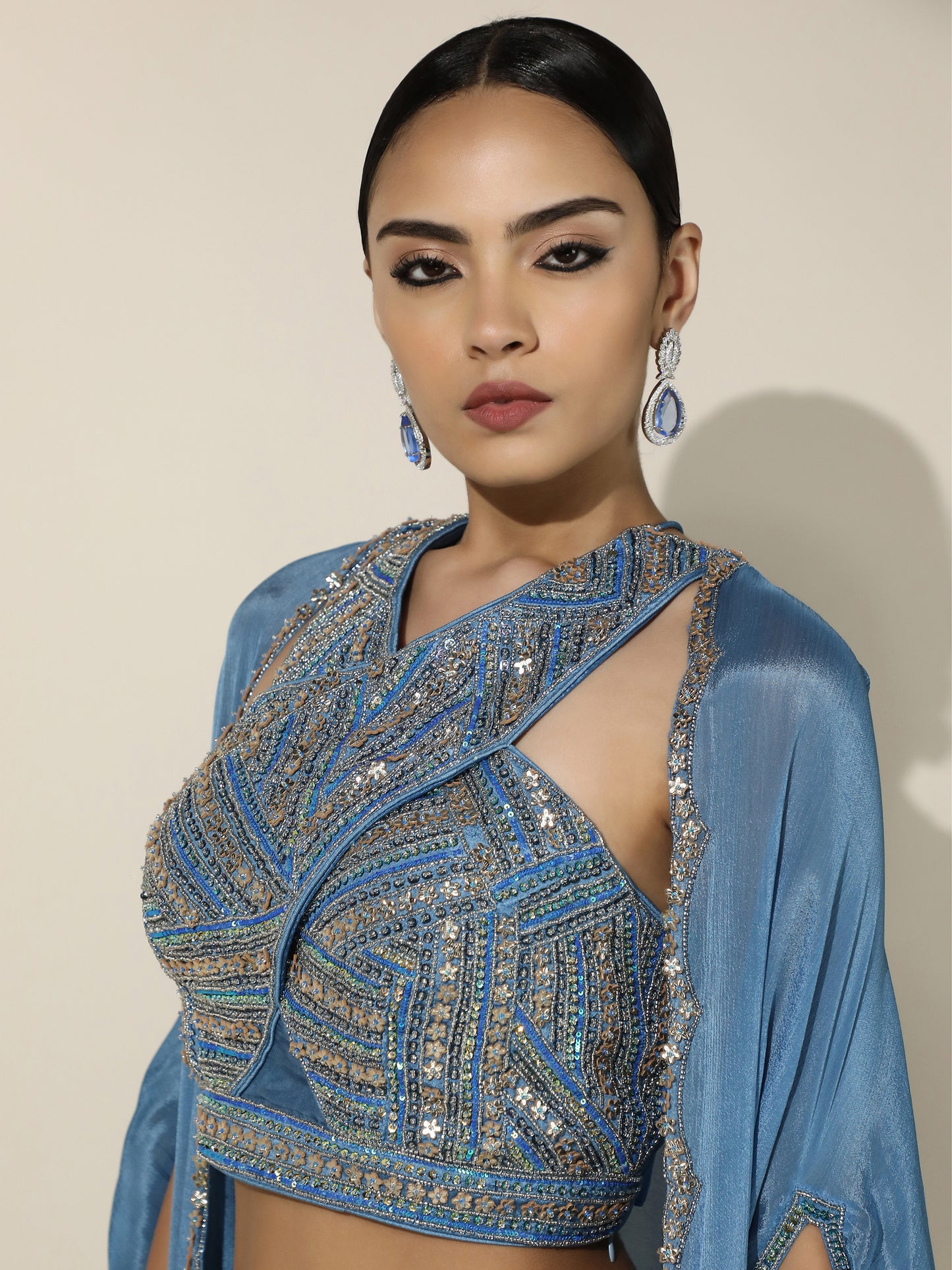 Blue Haulter Drape Cord-Set With Sheer Cape