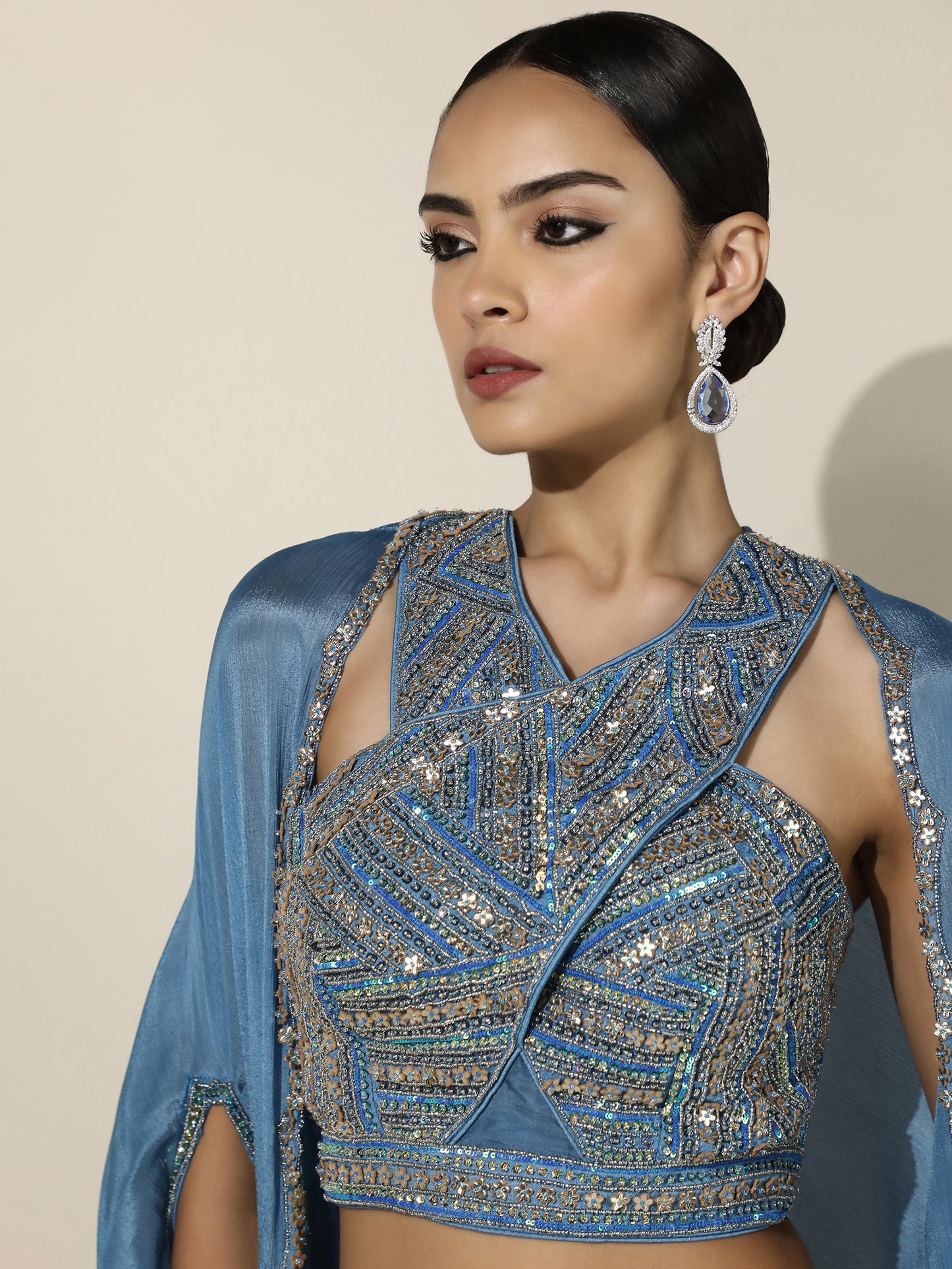 Blue Haulter Drape Cord-Set With Sheer Cape