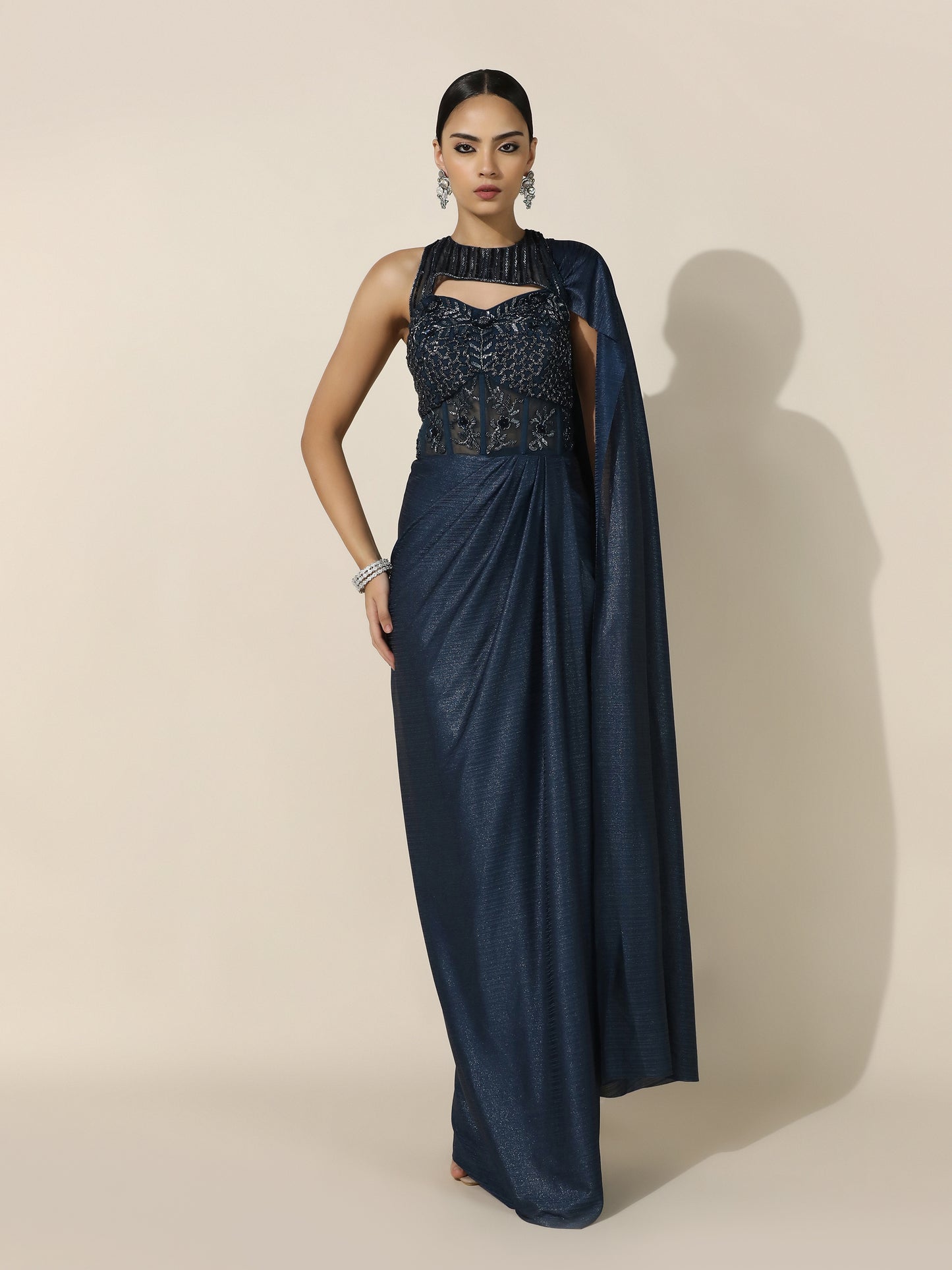 Navy Haulter Corset Drape Gown with Antique Silver Embroidery