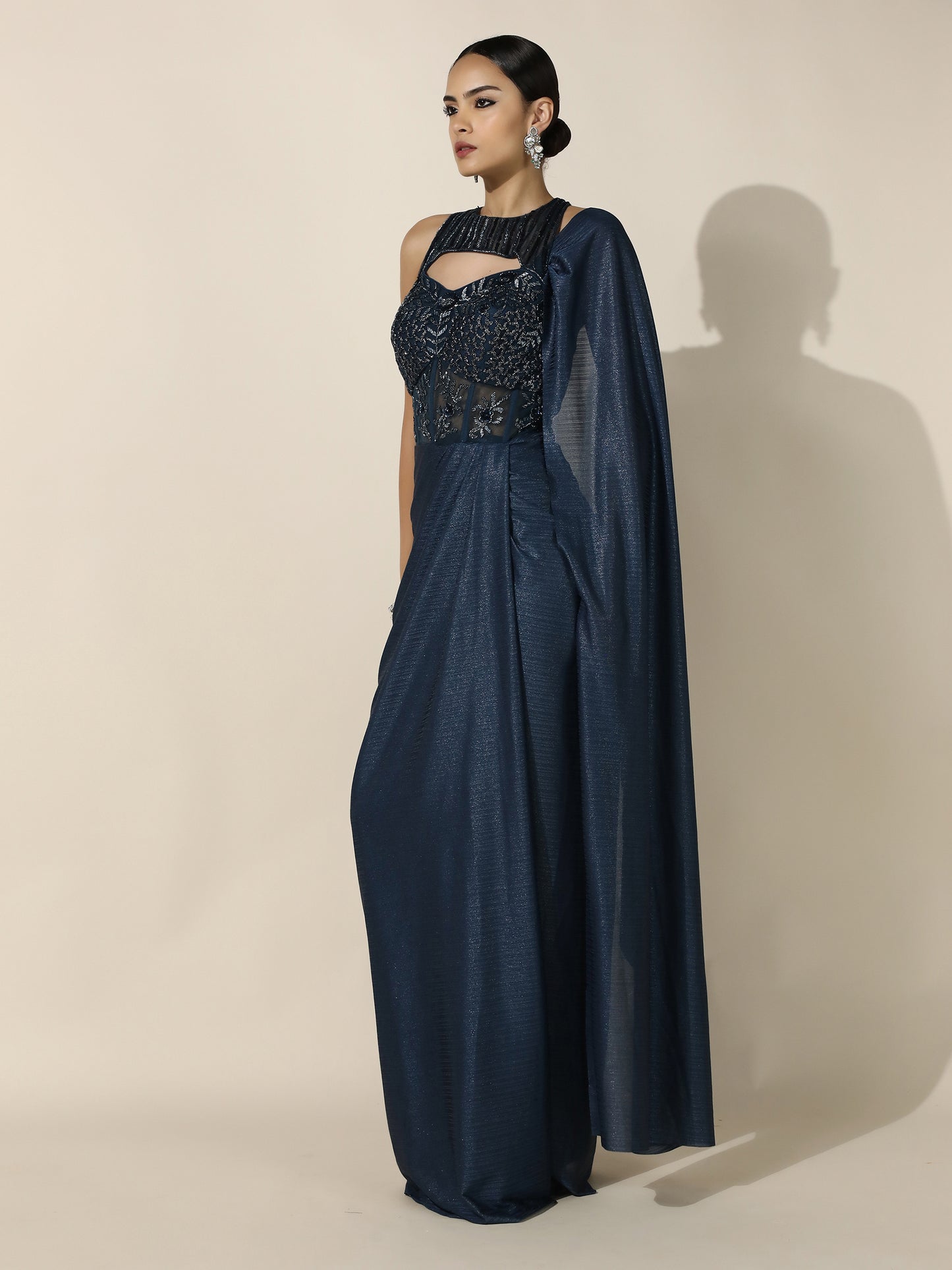 Navy Haulter Corset Drape Gown with Antique Silver Embroidery